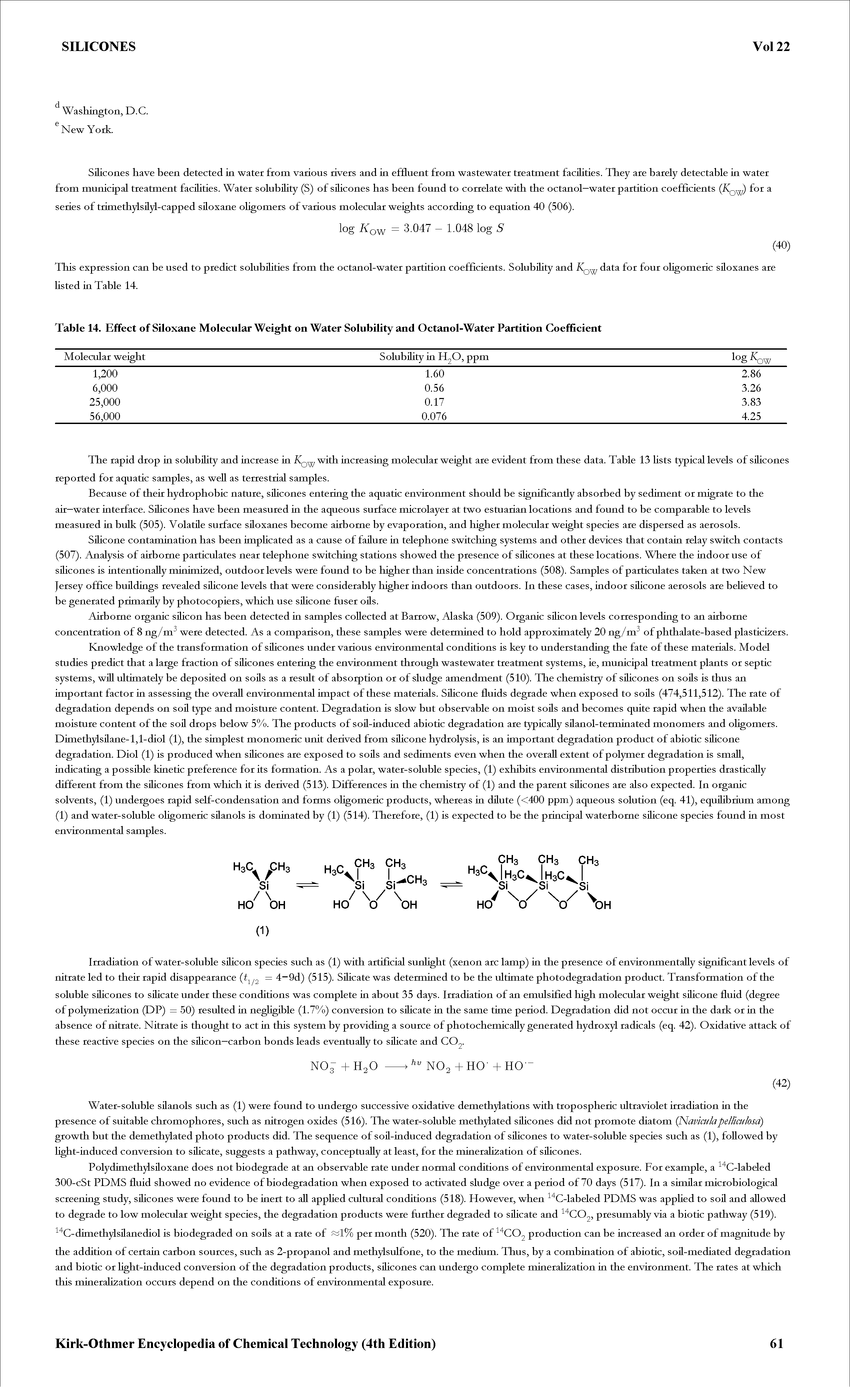 Table 14. Effect of Siloxane Molecular Weight on Water Solubility and Octanol-Water Partition Coefficient...