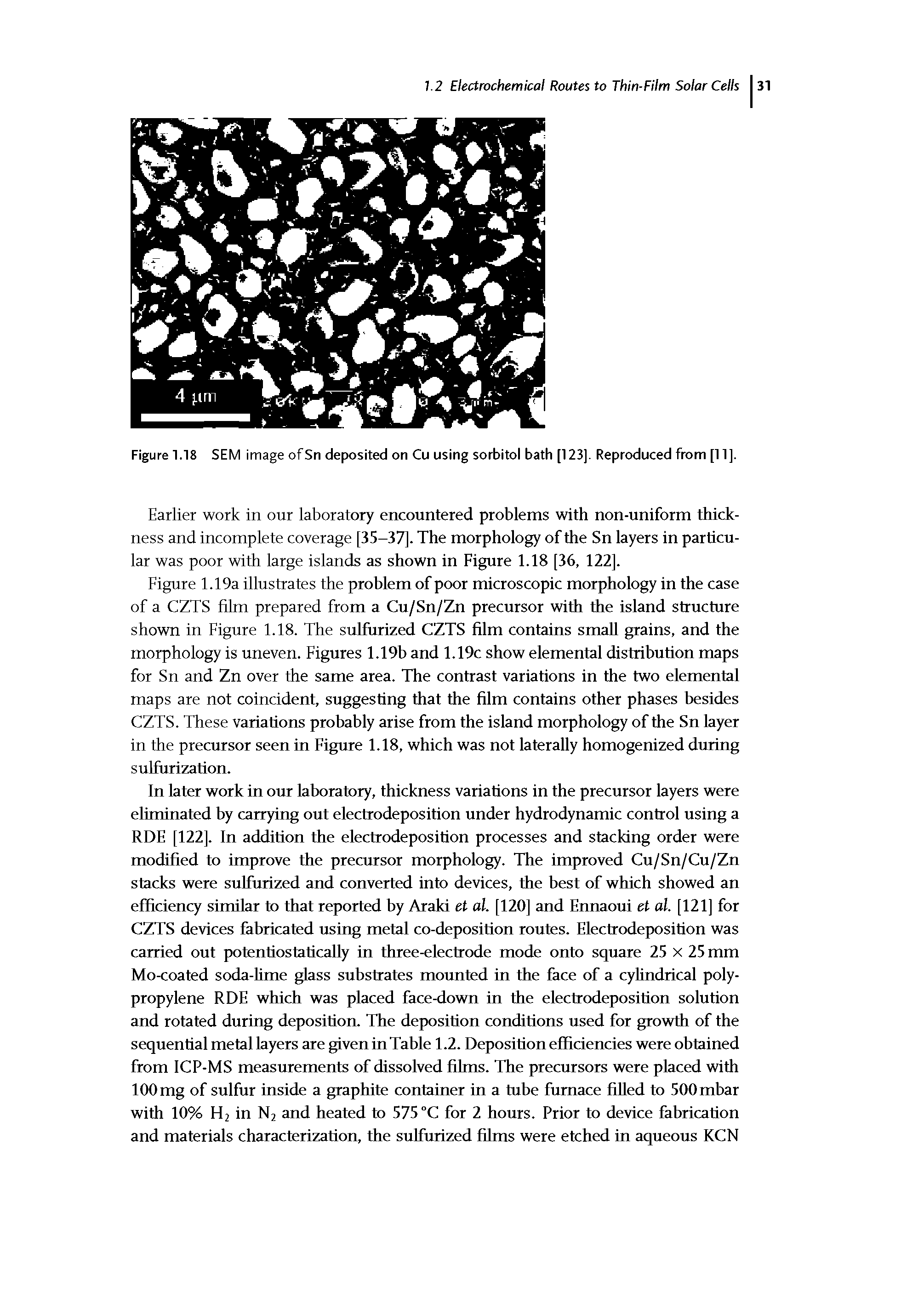 Figure 1.19a illustrates the problem of poor microscopic morphology in the case of a CZTS film prepared from a Cu/Sn/Zn precursor with the island structure shown in Figure 1.18. The sulfurized CZTS film contains small grains, and the morphology is uneven. Figures 1.19b and 1.19c show elemental distribution maps for Sn and Zn over the same area. The contrast variations in the two elemental maps are not coincident, suggesting that the film contains other phases besides CZTS. These variations probably arise from the island morphology of the Sn layer in the precursor seen in Figure 1.18, which was not laterally homogenized during sulfurization.