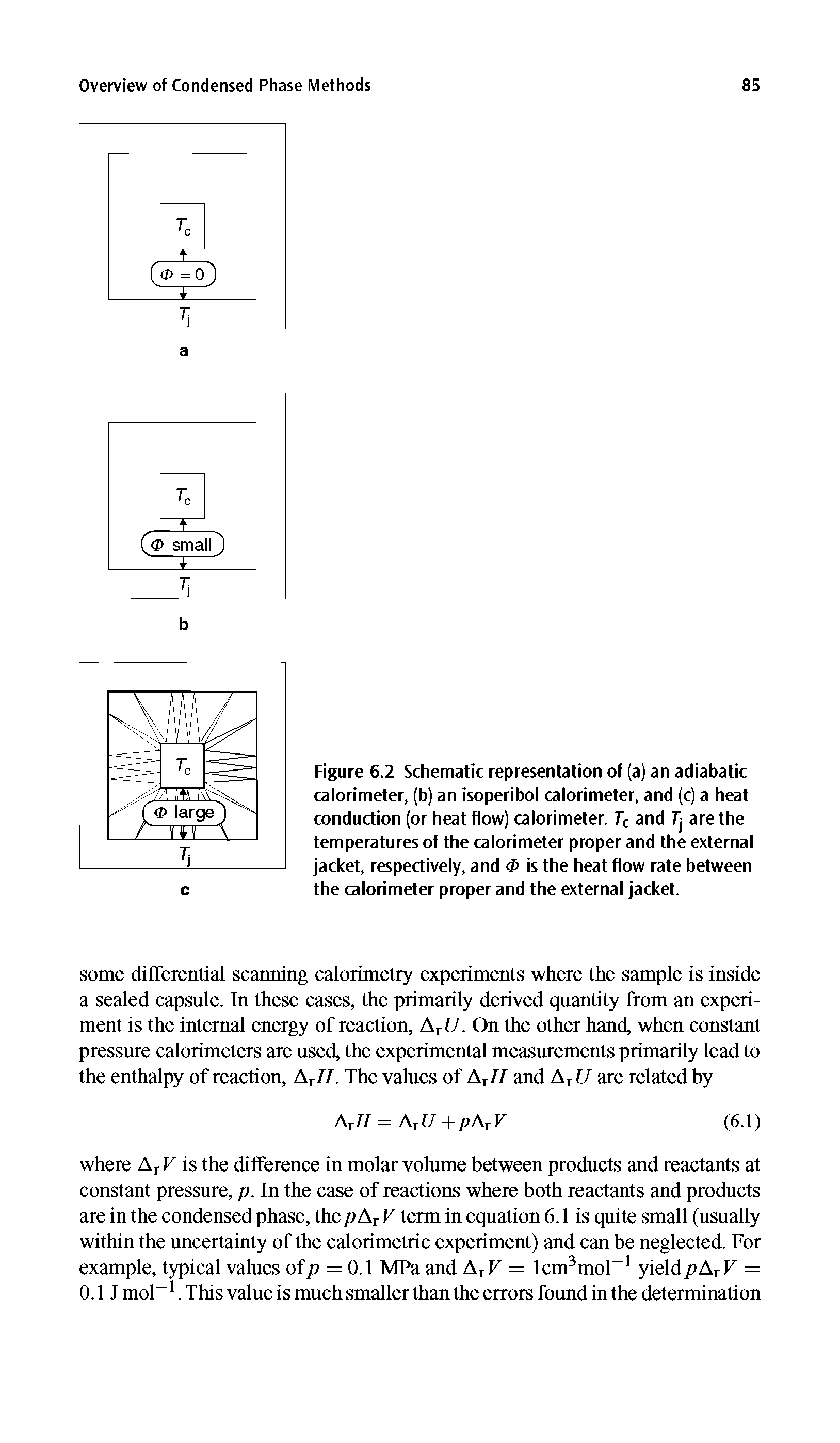 Figure 6.2 Schematic representation of (a) an adiabatic calorimeter, (b) an isoperibol calorimeter, and (c) a heat conduction (or heat flow) calorimeter. fc and 7] are the temperatures of the calorimeter proper and the external jacket, respectively, and <I> is the heat flow rate between the calorimeter proper and the external jacket.