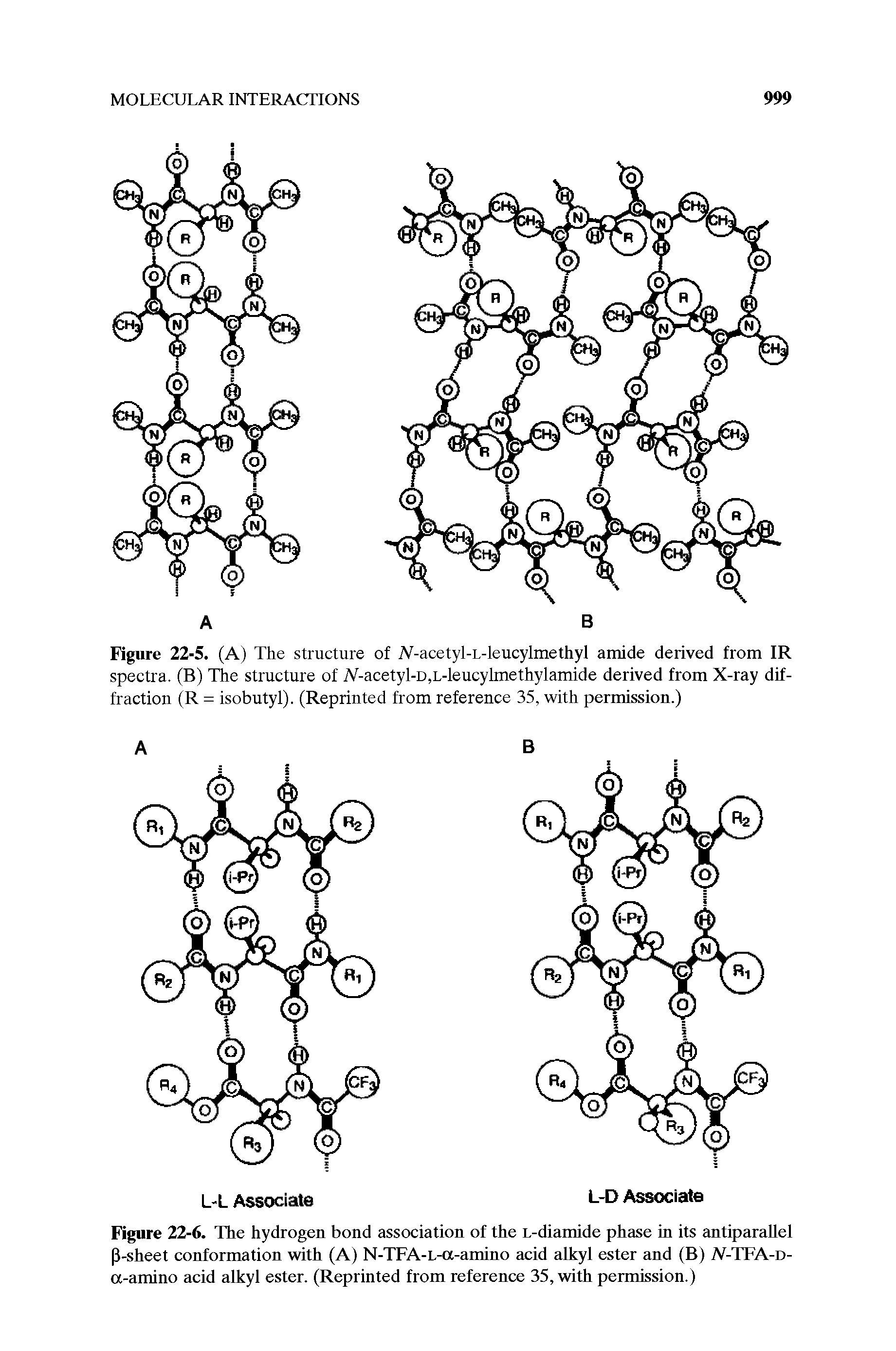 Figure 22-6. The hydrogen bond association of the L-diamide phase in its antiparaUel P-sheet conformation with (A) N-TFA-L-a-amino acid alkyl ester and (B) A-TFA-d-a-amino acid alkyl ester. (Reprinted from reference 35, with permission.)...