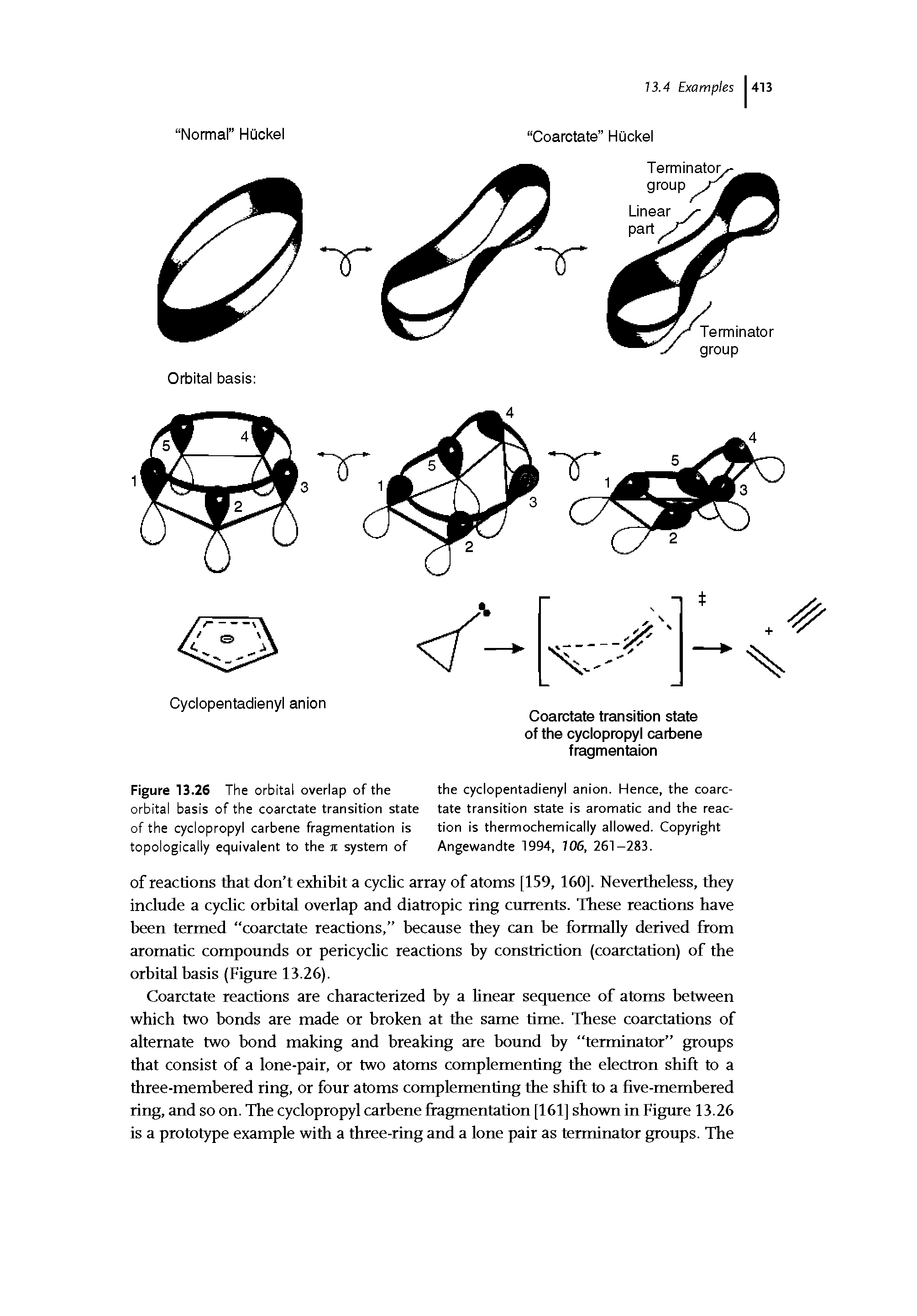 Figure 13.26 The orbital overlap of the orbital basis of the coarctate transition state of the cyclopropyl carbene fragmentation is topologically equivalent to the % system of...