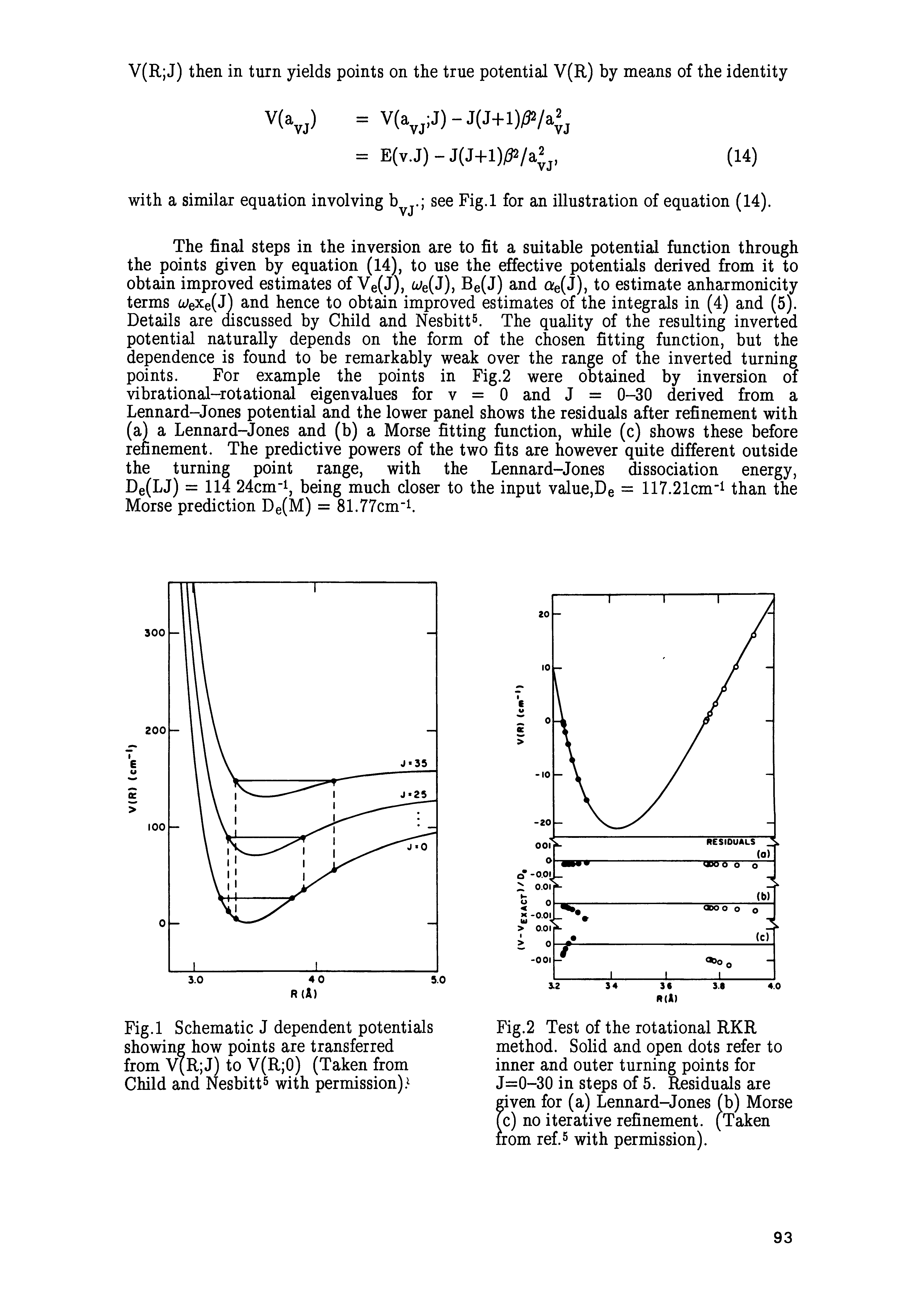 Fig.2 Test of the rotational RKR method. Solid and open dots refer to inner and outer turning points for J=0-30 in steps of 5. Residuals are riven for (a) Lennard-Jones (b) Morse (c) no iterative refinement. (Taken irom ref.5 with permission).
