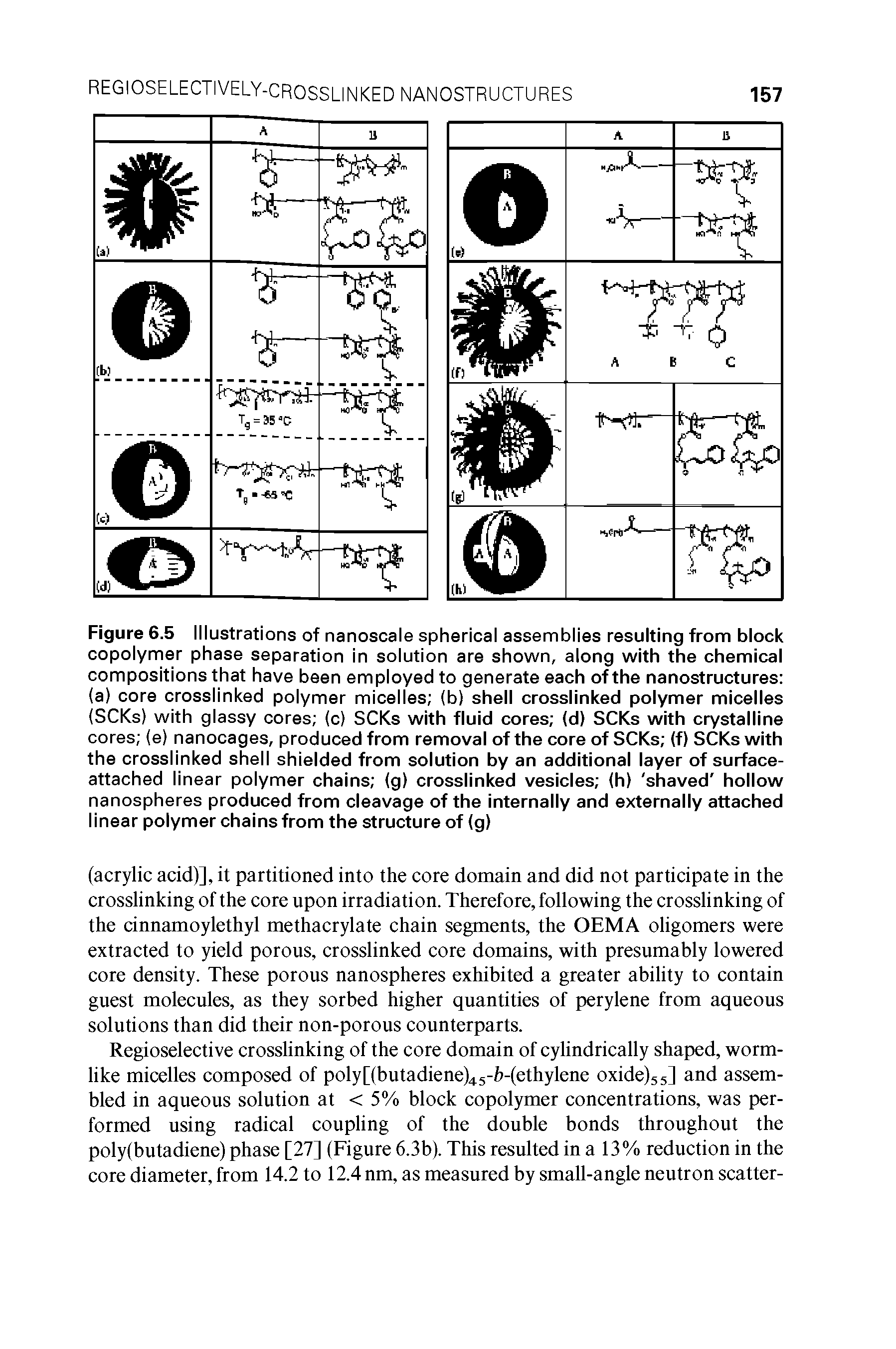 Figure 6.5 Illustrations of nanoscale spherical assemblies resulting from block copolymer phase separation in solution are shown, along with the chemical compositions that have been employed to generate each of the nanostructures (a) core crosslinked polymer micelles (b) shell crosslinked polymer micelles (SCKs) with glassy cores (c) SCKs with fluid cores (d) SCKs with crystalline cores (e) nanocages, produced from removal of the core of SCKs (f) SCKs with the crosslinked shell shielded from solution by an additional layer of surface-attached linear polymer chains (g) crosslinked vesicles (h) shaved hollow nanospheres produced from cleavage of the internally and externally attached linear polymer chains from the structure of (g)...