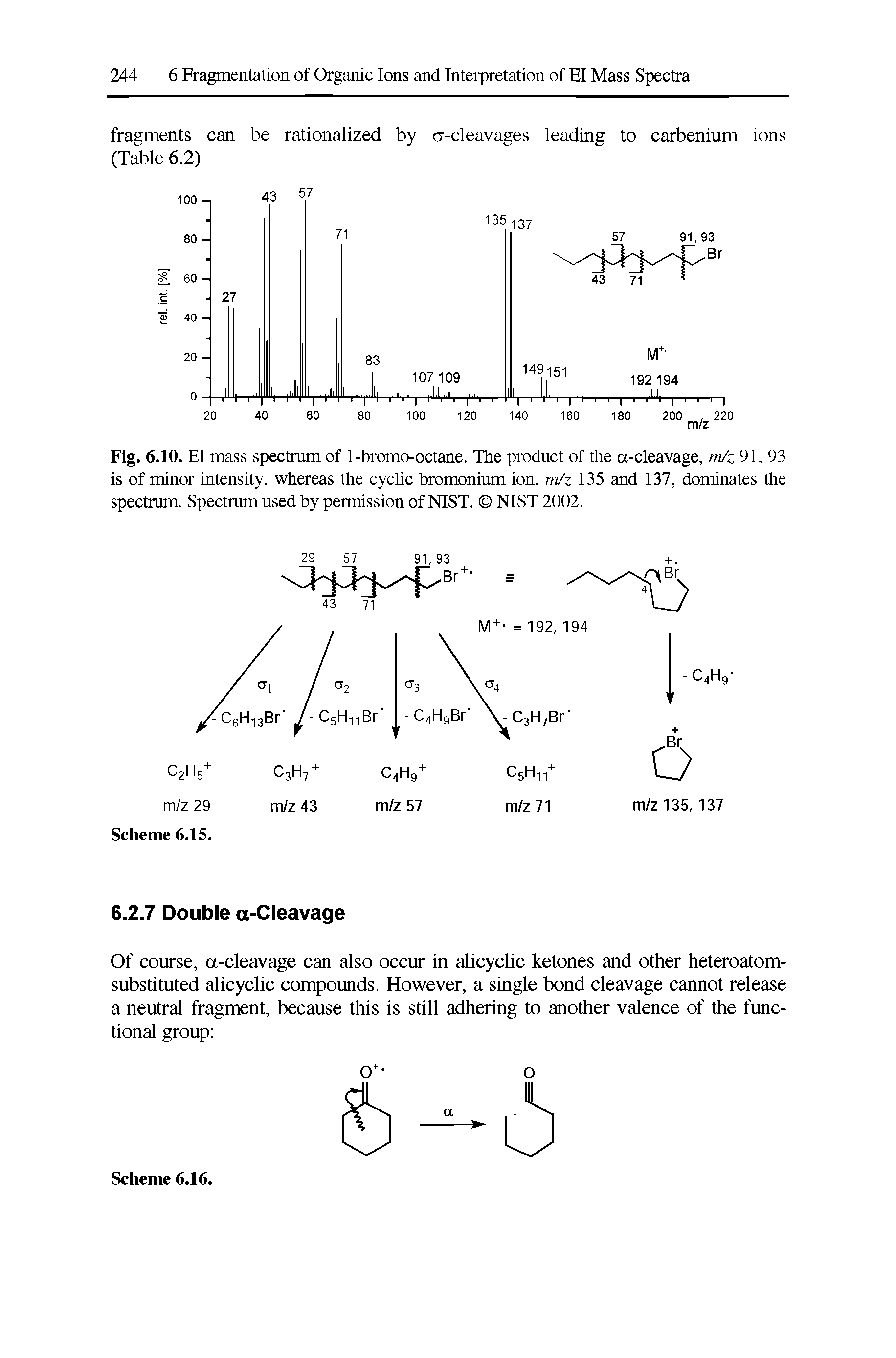 Fig. 6.10. El mass spectrum of 1-bromo-octane. The product of the a-cleavage, m/z 91, 93 is of minor intensity, whereas the cyclic bromonium ion, m/z 135 and 137, dominates the spectrum. Spectmm used by permission of NIST. NIST 2002.