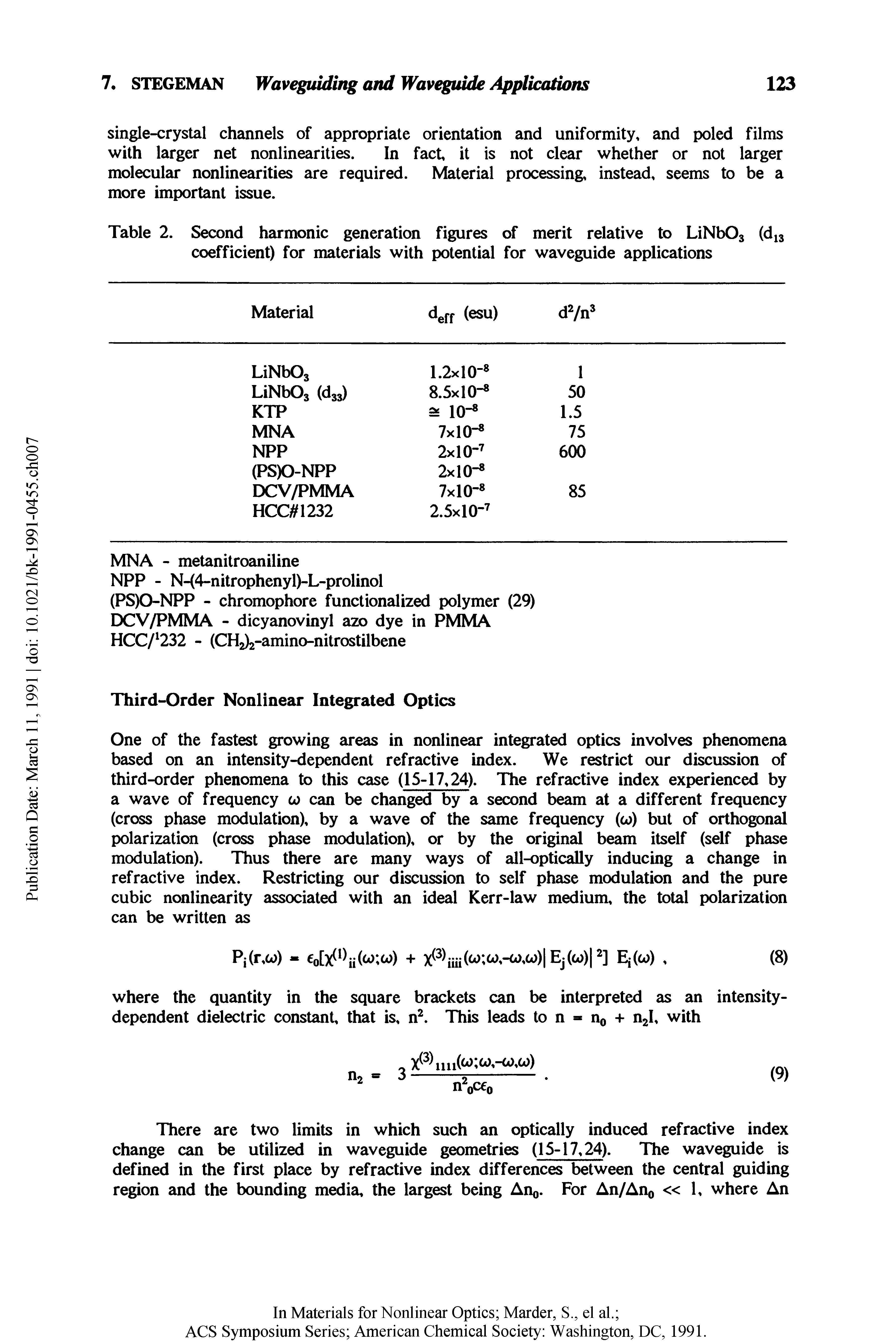 Table 2. Second harmonic generation figures of merit relative to LiNb03 (d13 coefficient) for materials with potential for waveguide applications...