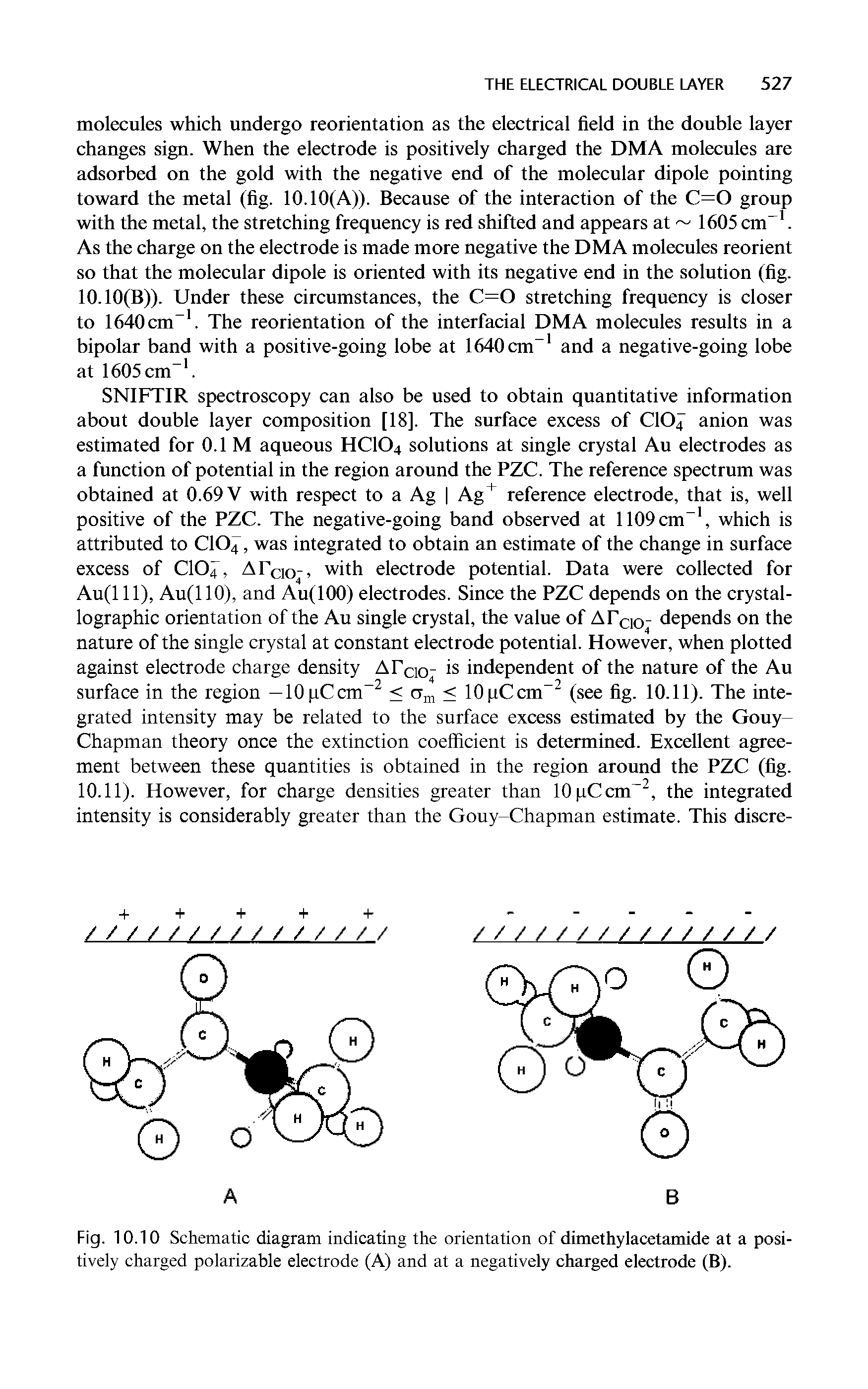 Fig. 10.10 Schematic diagram indicating the orientation of dimethylacetamide at a positively charged polarizable electrode (A) and at a negatively charged electrode (B).