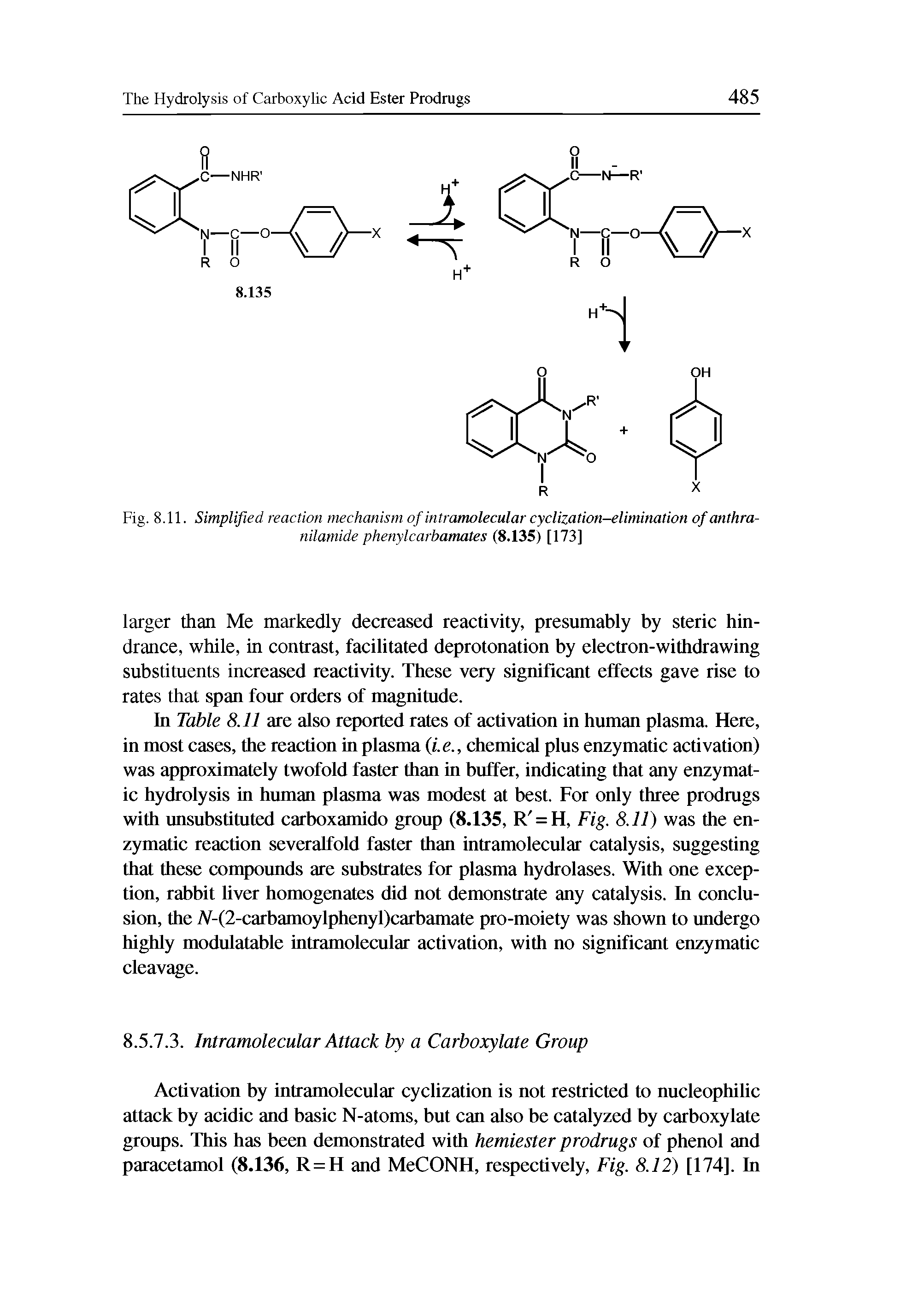 Fig. 8.11. Simplified reaction mechanism of intramolecular cyclization-elimination of anthra-nilamide phenylcarbamates (8.135) [173]...