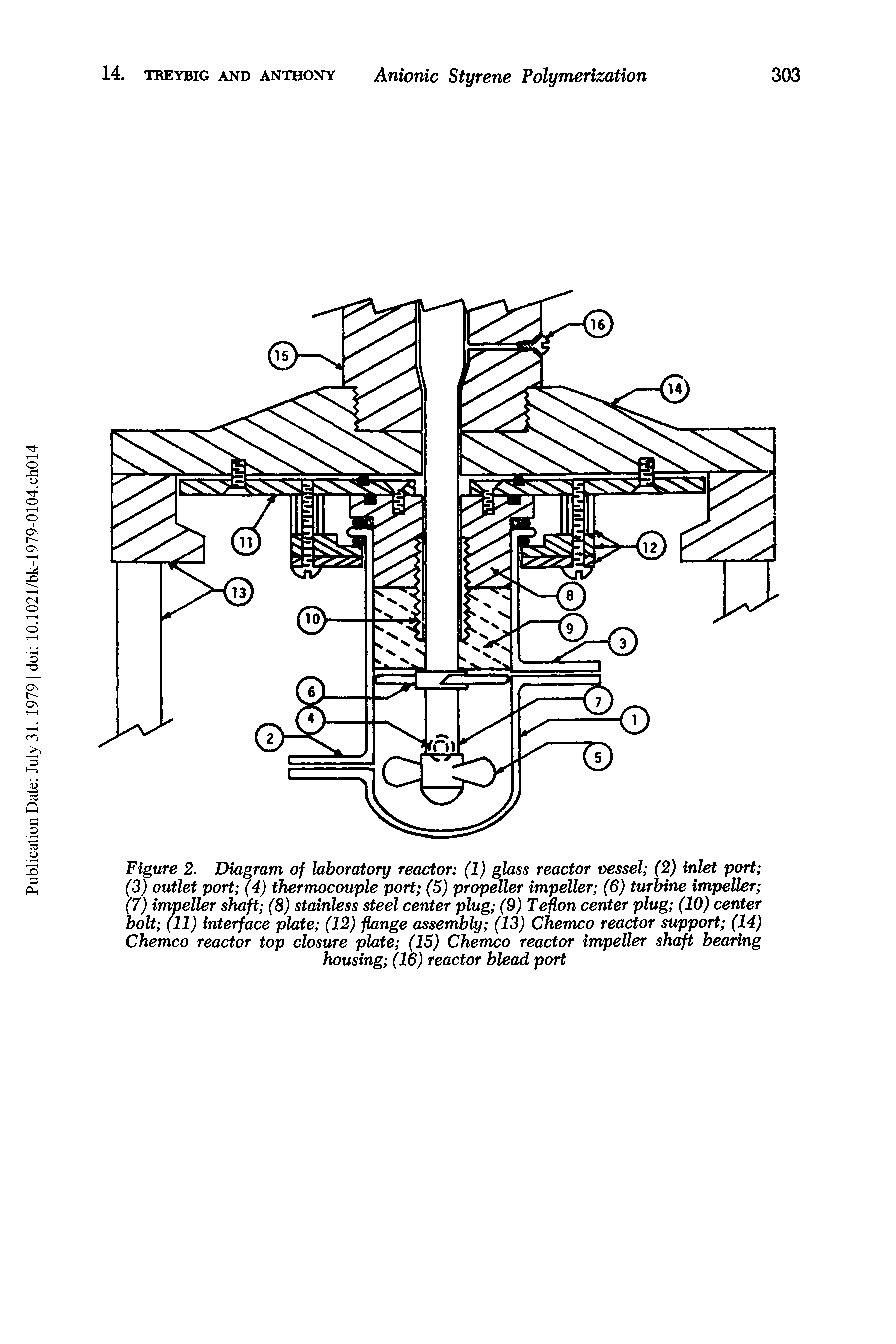 Figure 2. Diagram of laboratory reactor (1) glass reactor vessel (2) inlet port (3) outlet port (4) thermocouple port (5) propeller impeller (6) turbine impeller (7) impeller shaft (8) stainless steel center plug (9) Teflon center plug (10) center bolt (11) interface plate (12) flange assembly (13) Chemco reactor support (14) Chemco reactor top closure plate (15) Chemco reactor impeller shaft bearing housing (16) reactor blead port...