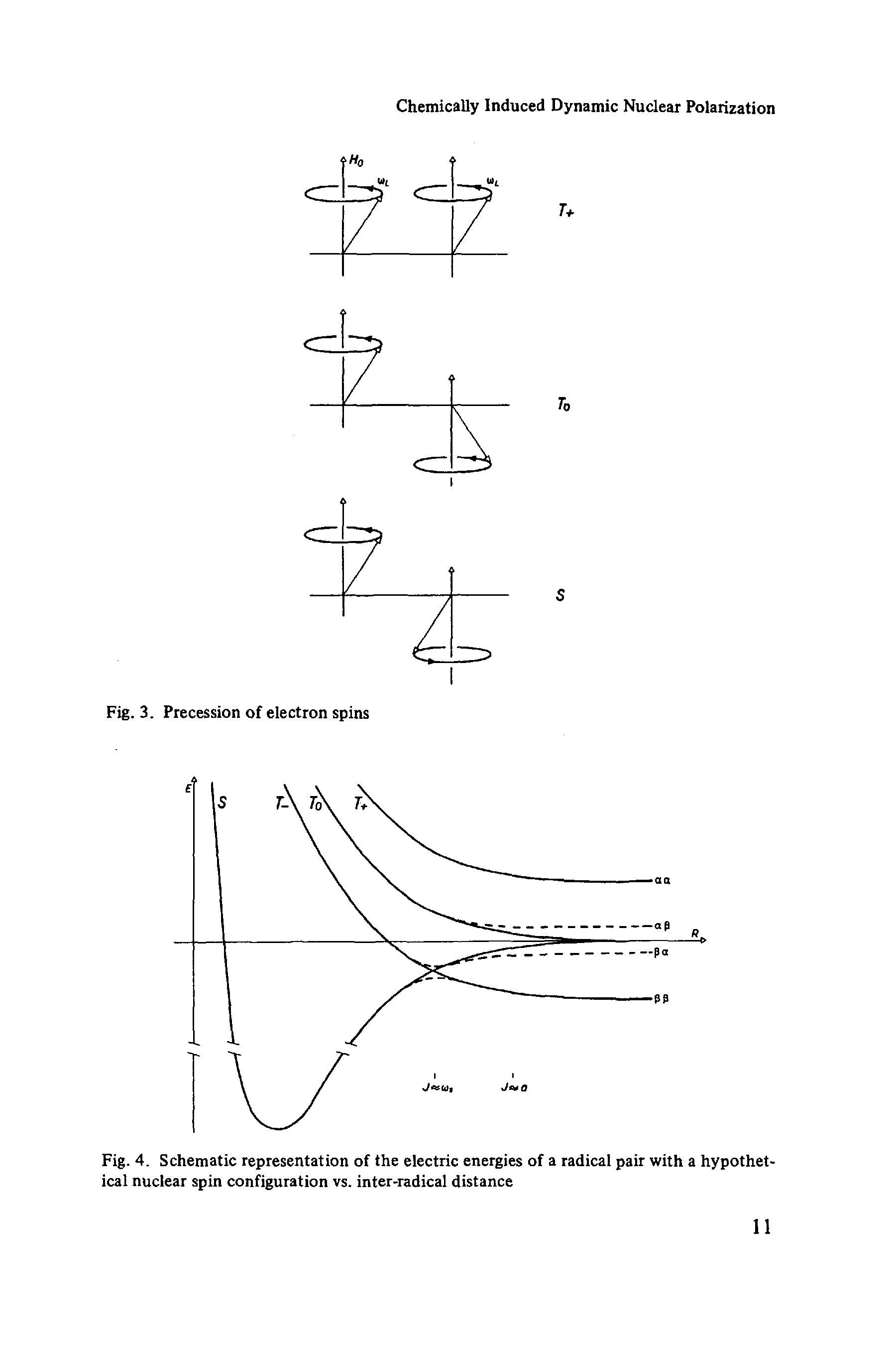 Fig. 4. Schematic representation of the electric energies of a radical pair with a hypothetical nuclear spin configuration vs. inter-radical distance...
