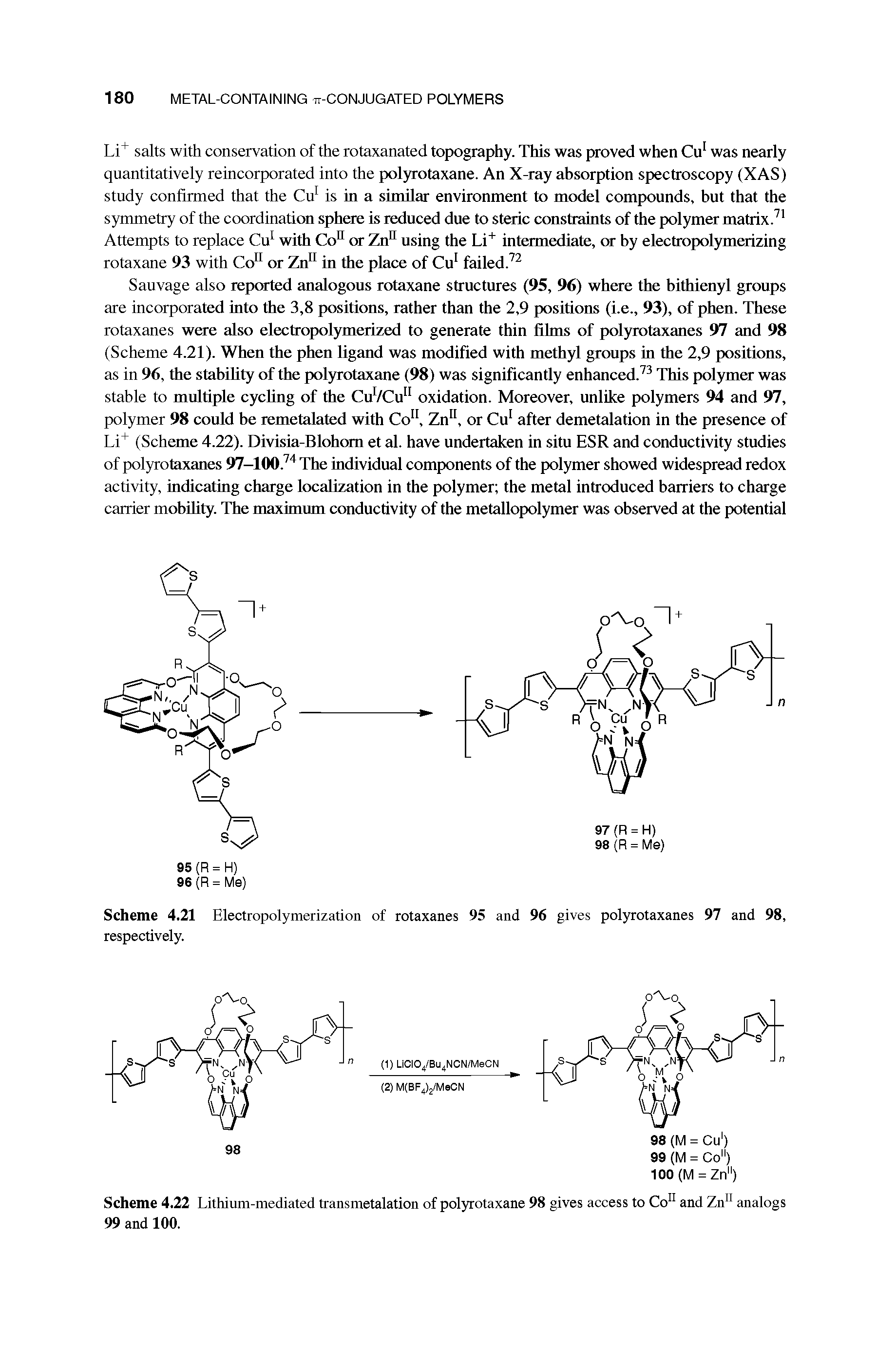 Scheme 4.22 Lithium-mediated transmetalation of polyrotaxane 98 gives access to Co11 and Zn11 analogs 99 and 100.