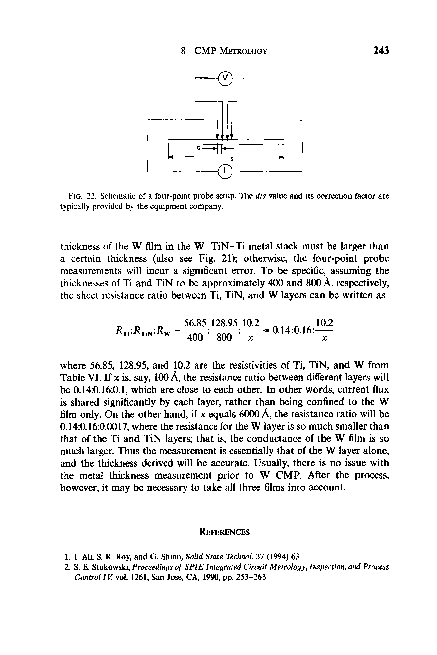 Fig. 22. Schematic of a four-point probe setup. The djs value and its correction factor are typically provided by the equipment company.