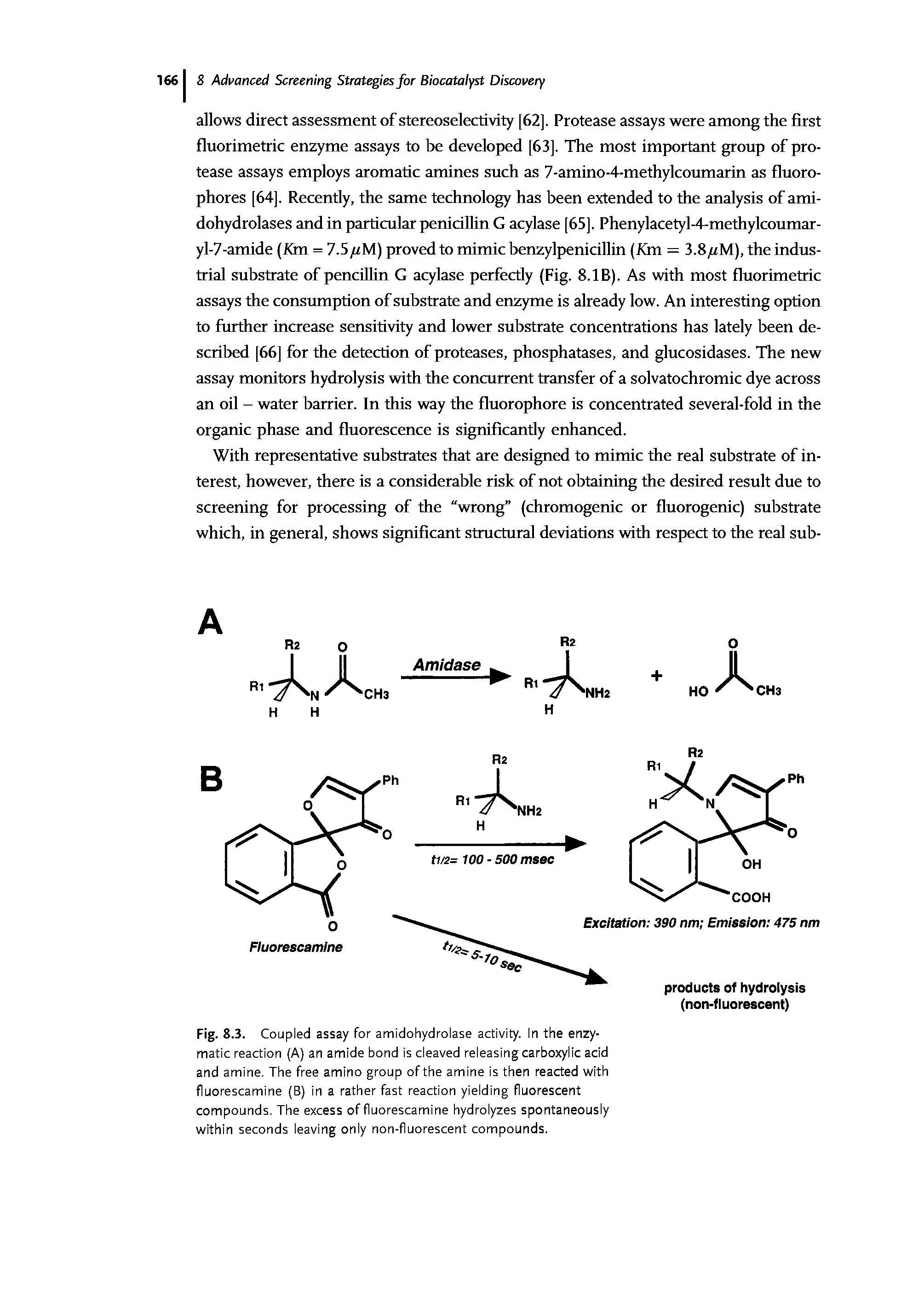 Fig. 8.3. Coupled assay for amidohydrolase activity. In the enzymatic reaction (A) an amide bond is cleaved releasing carboxylic acid and amine. The free amino group of the amine is then reacted with fluorescamine (B) in a rather fast reaction yielding fluorescent compounds. The excess of fluorescamine hydrolyzes spontaneously within seconds leaving only non-fluorescent compounds.