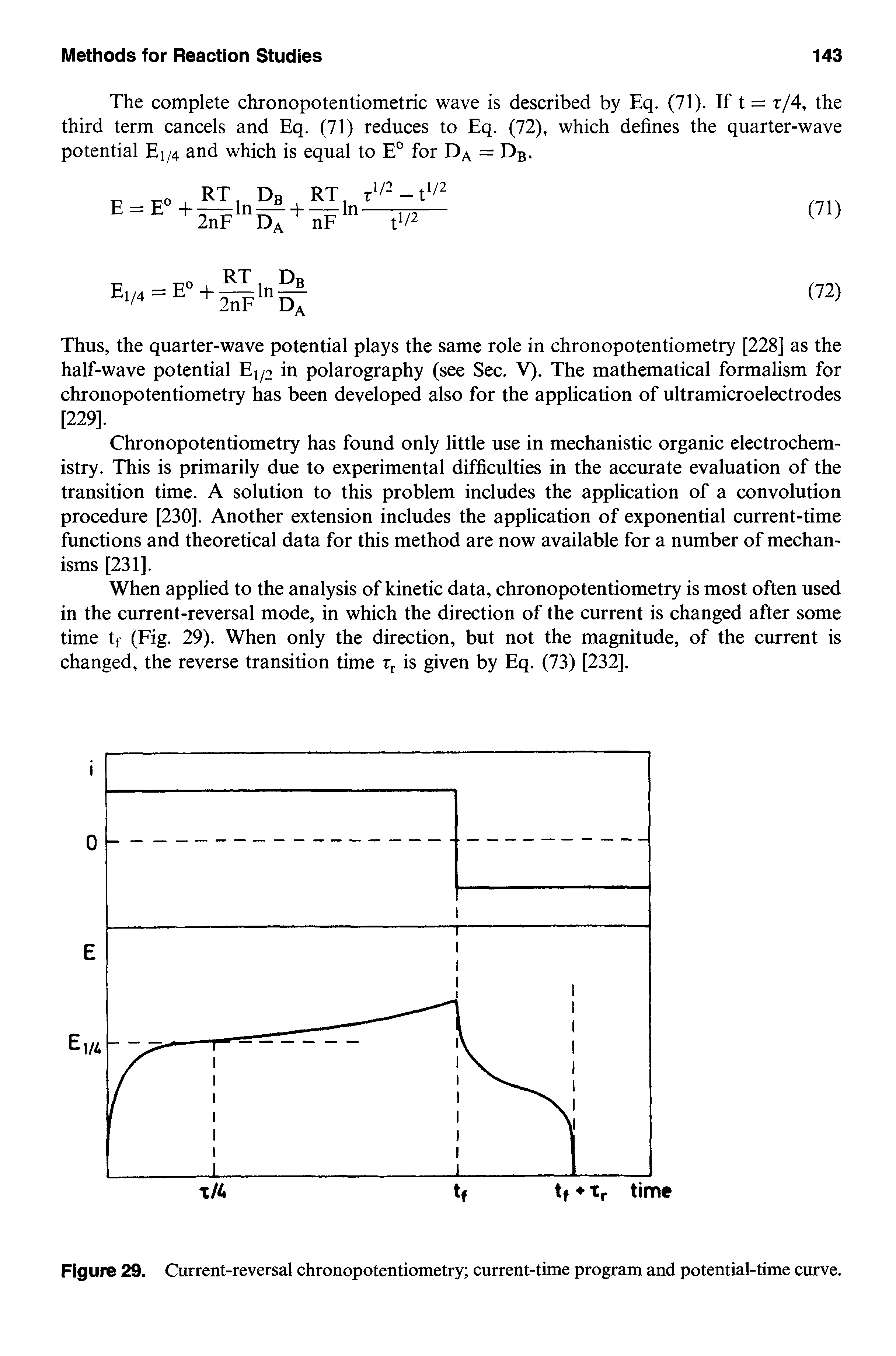 Figure 29. Current-reversal chronopotentiometry current-time program and potential-time curve.