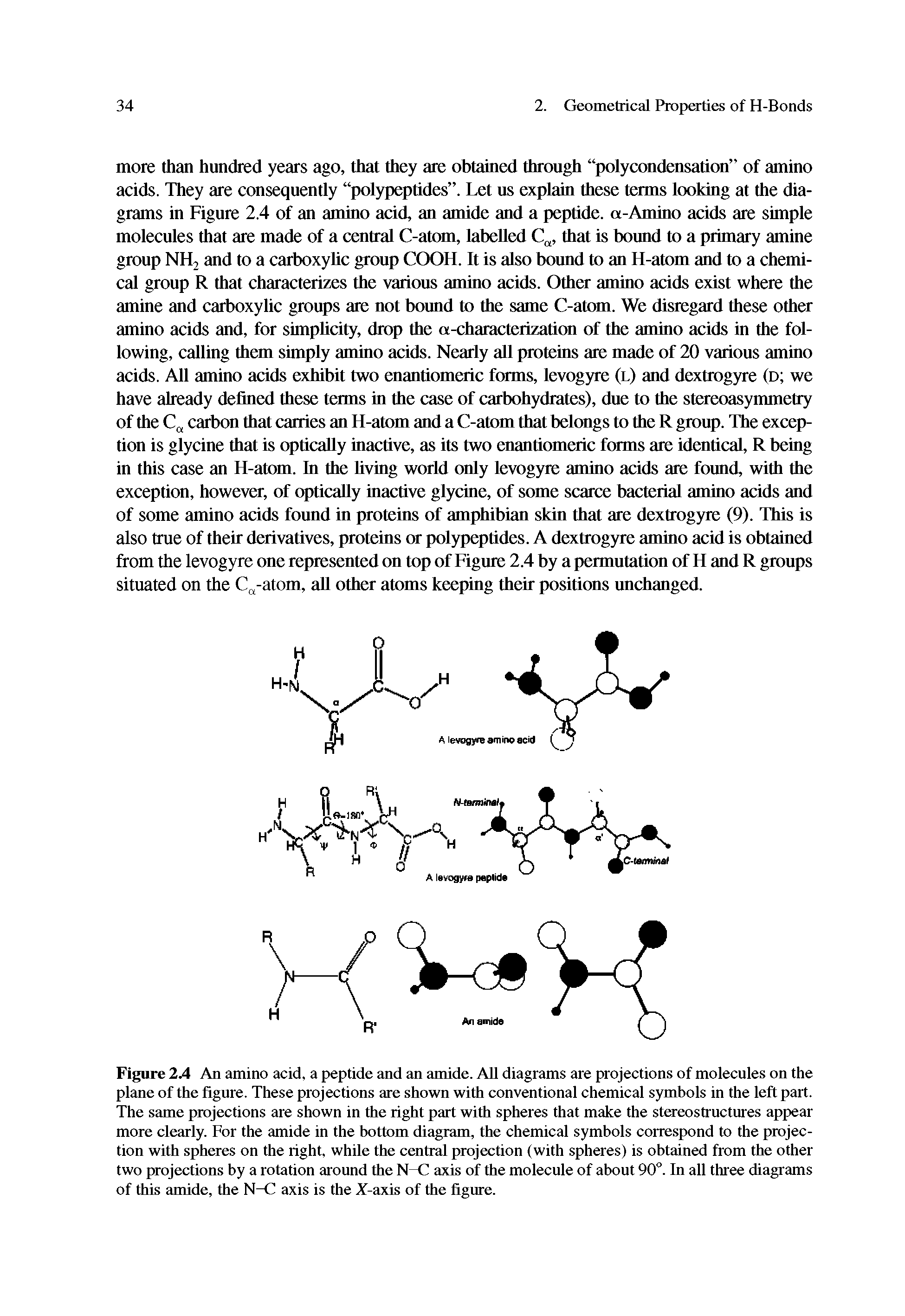 Figure 2A An amino acid, a peptide and an amide. AU diagrams are projections of molecules on the plane of the figure. These projections are shown with conventional chemical symbols in the left part. The same projections are shown in the right part with spheres that make the stereostructures appear more clearly. For the amide in the bottom diagram, the chemical symbols correspond to the projection with spheres on the right, while the central projection (with spheres) is obtained from the other two projections by a rotation around the N-C axis of the molecule of about 90°. In all three diagi ams of this amide, the N-C axis is the A-axis of the figure.