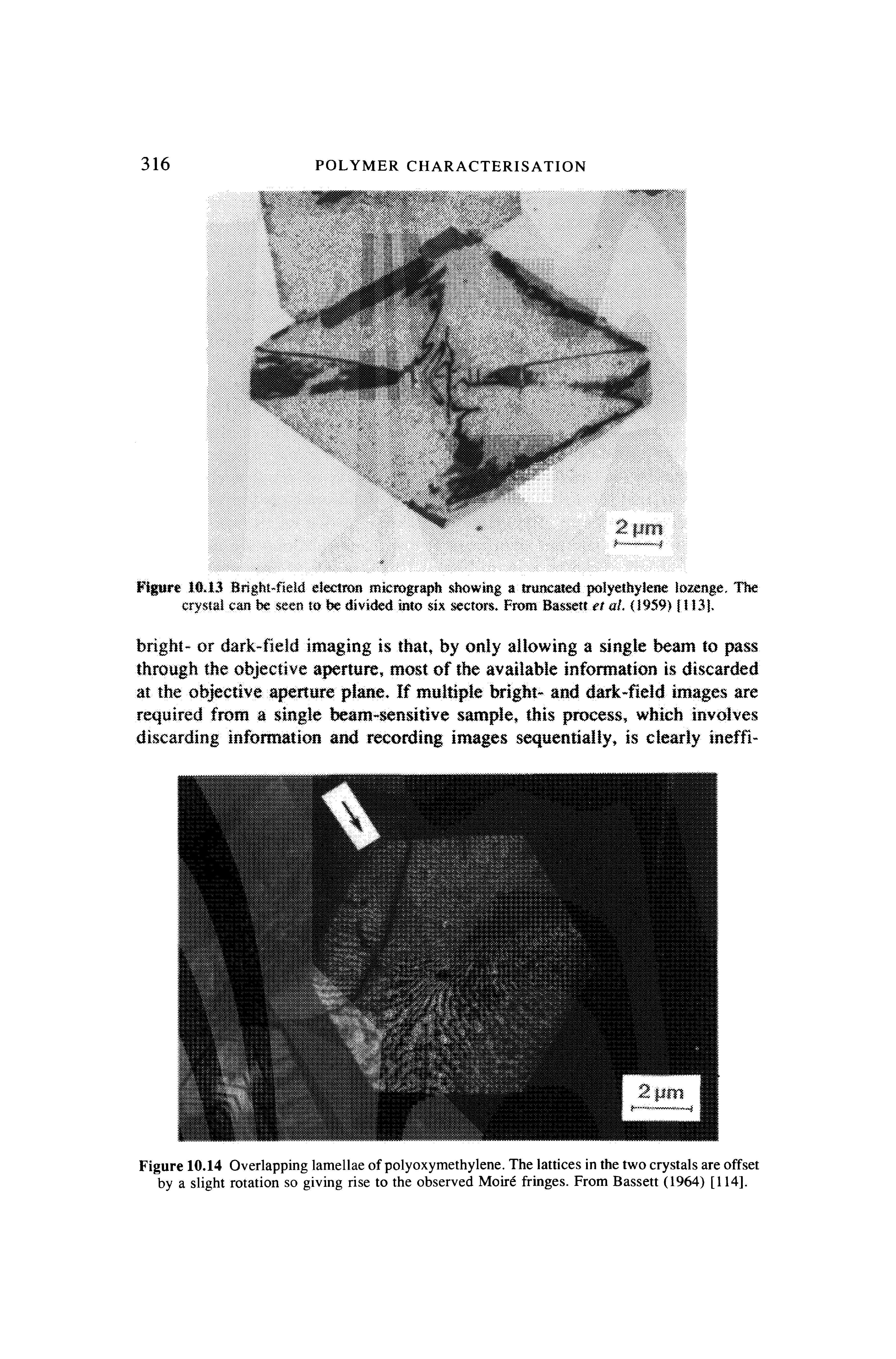 Figure 16.13 Biight-field electton micrograph showing a truncated polyethylene lozenge. The crystal can be seen to be divided into six sectors. From Basseu rr a/. (1959) [1131.