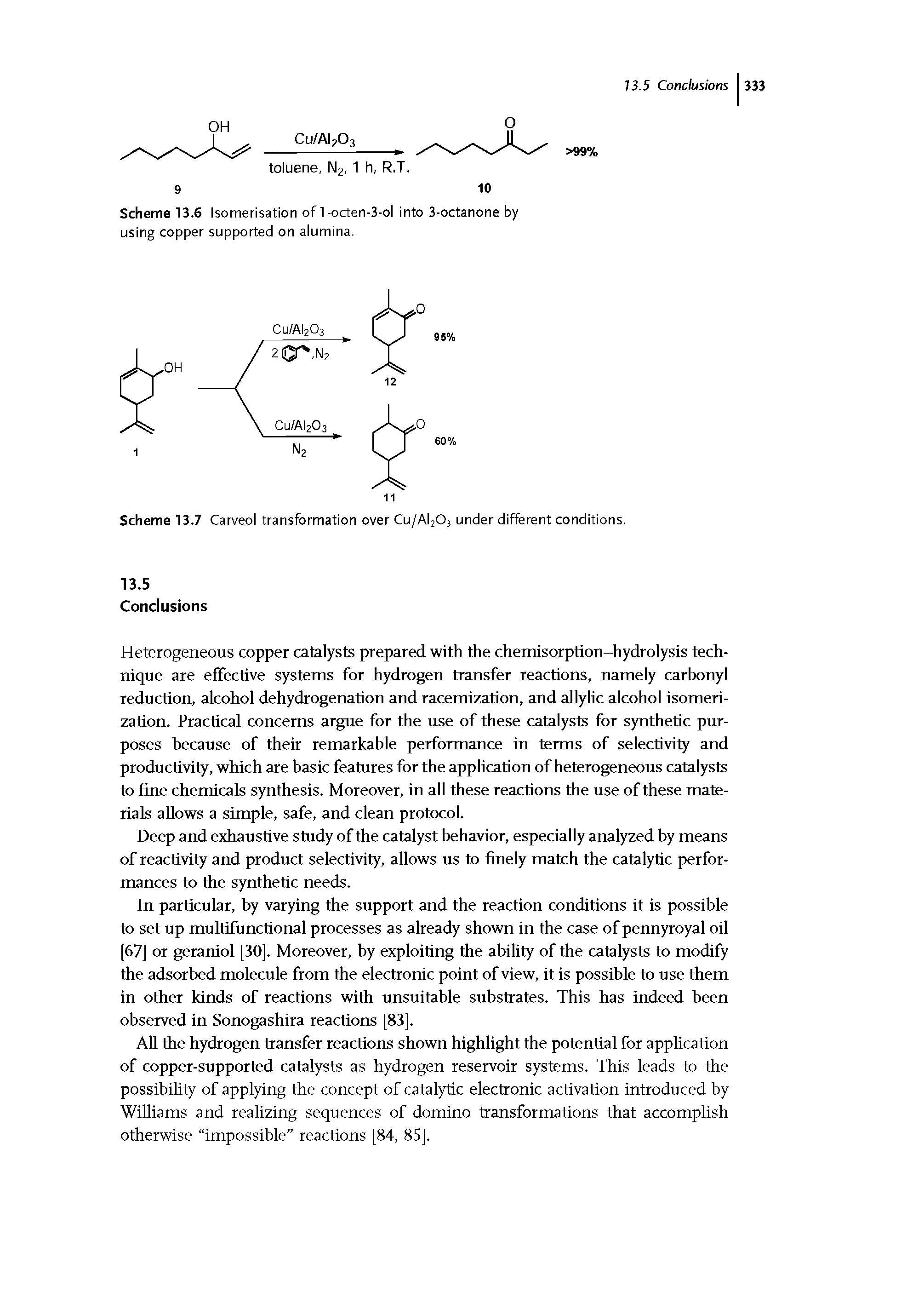 Scheme 13.6 Isomerisation of 1-octen-3-ol into 3-octanone by using copper supported on alumina.