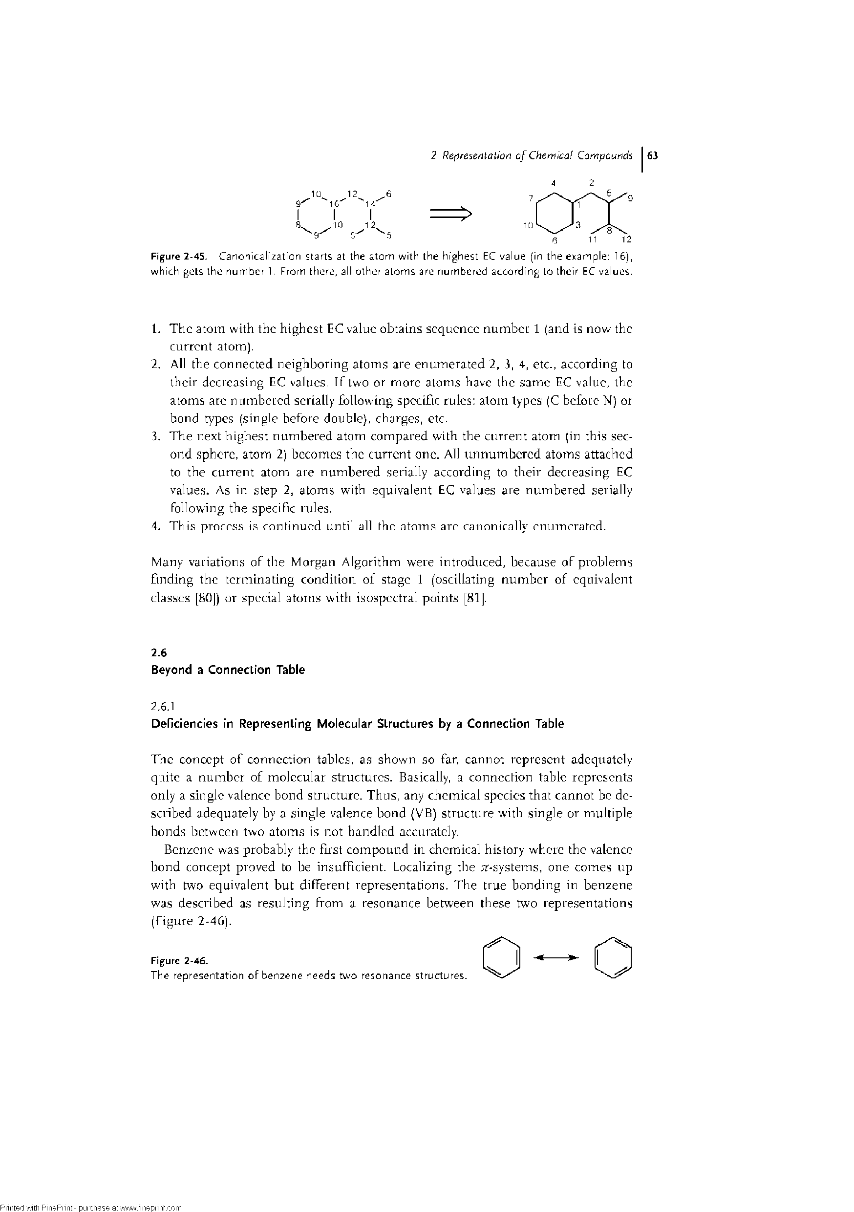 Figure 2-45. Canonicallzation starts at the atom with the highest EC value (in the example 16), which gets the number 1, From there, all other atoms are numbered according to their EC values,...