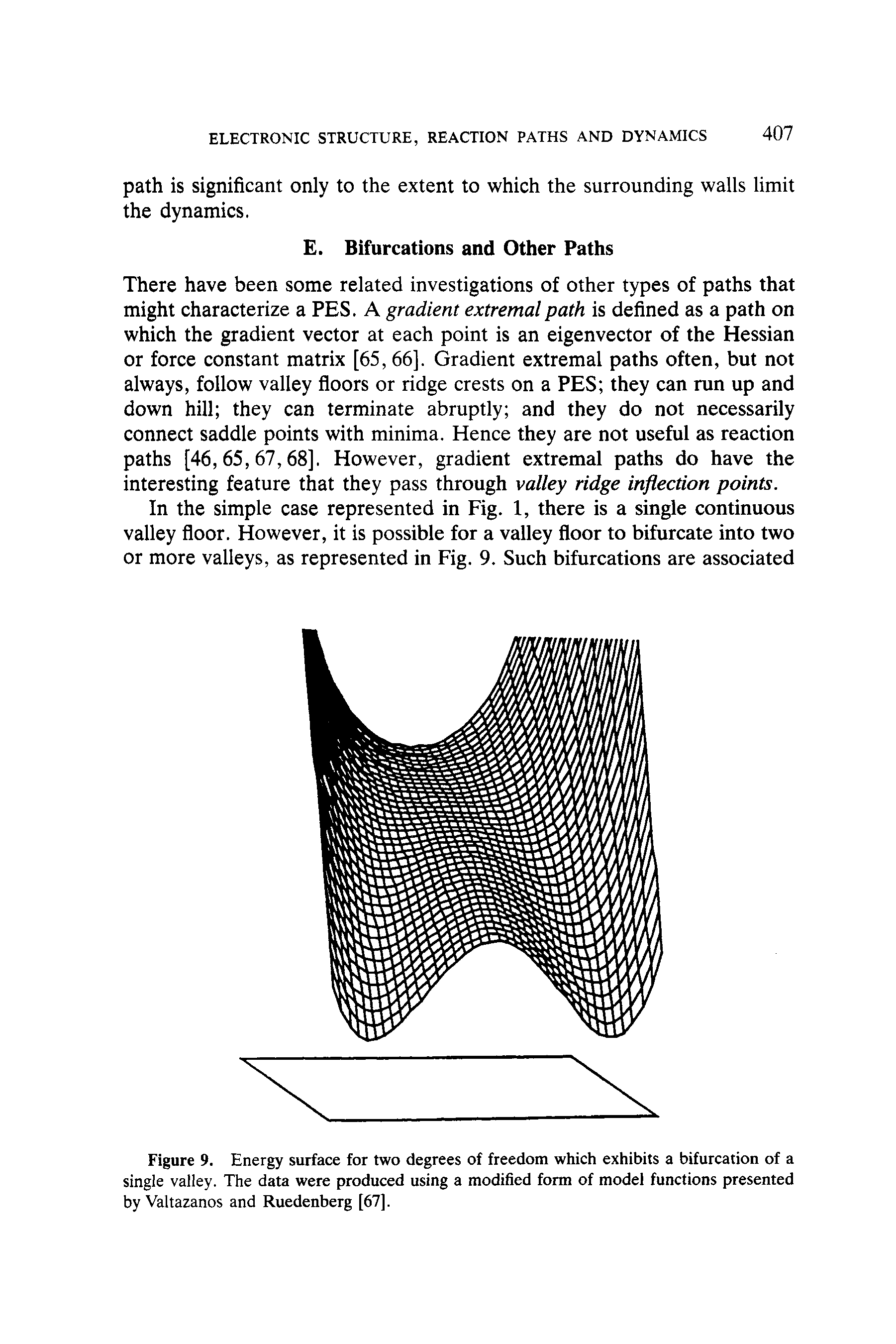 Figure 9. Energy surface for two degrees of freedom which exhibits a bifurcation of a single valley. The data were produced using a modified form of model functions presented by Valtazanos and Ruedenberg [67].