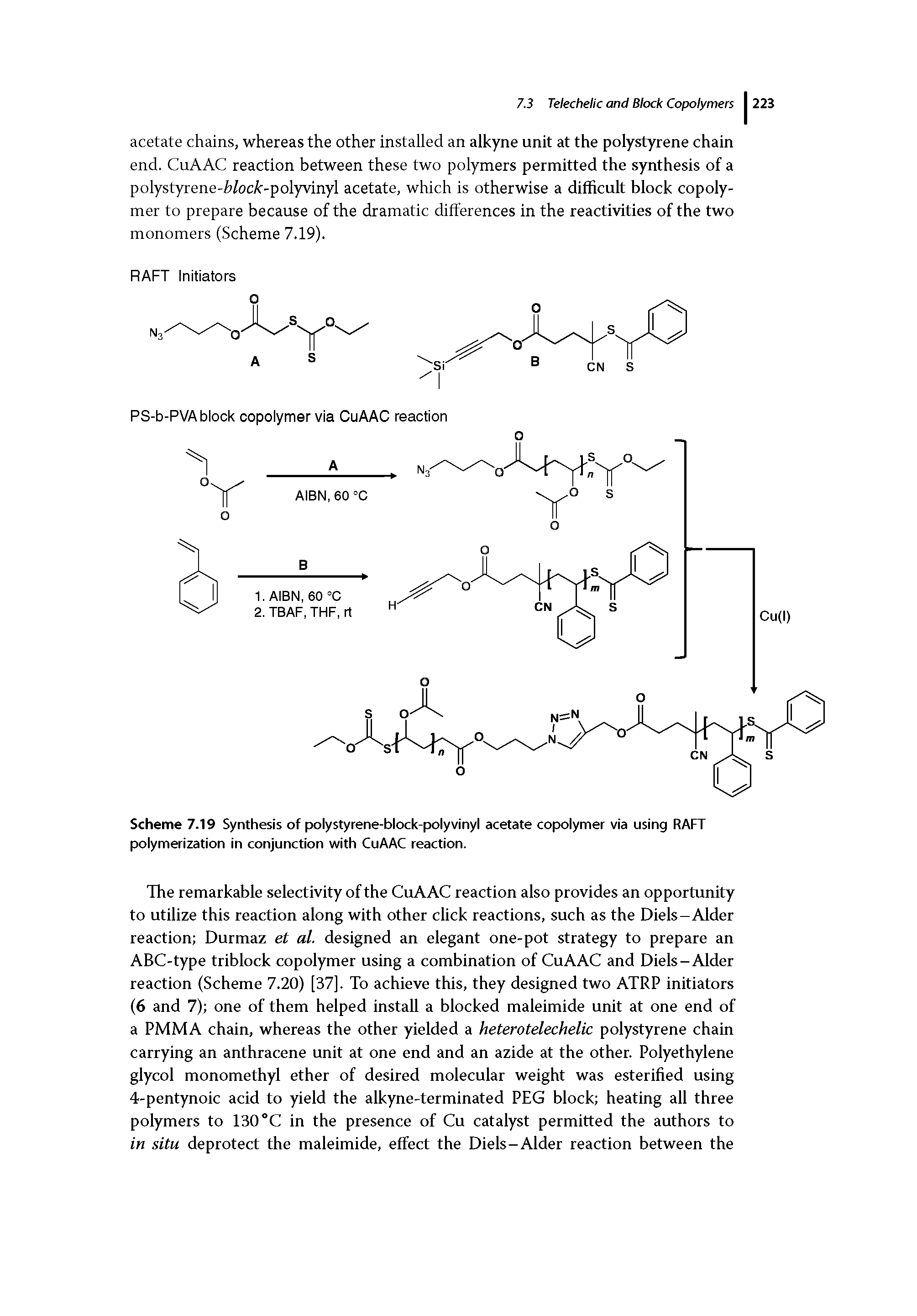 Scheme 7.19 Synthesis of polystyrene-block-polyvinyl acetate copolymer via using RAFT polymerization in conjunction with CuAAC reaction.