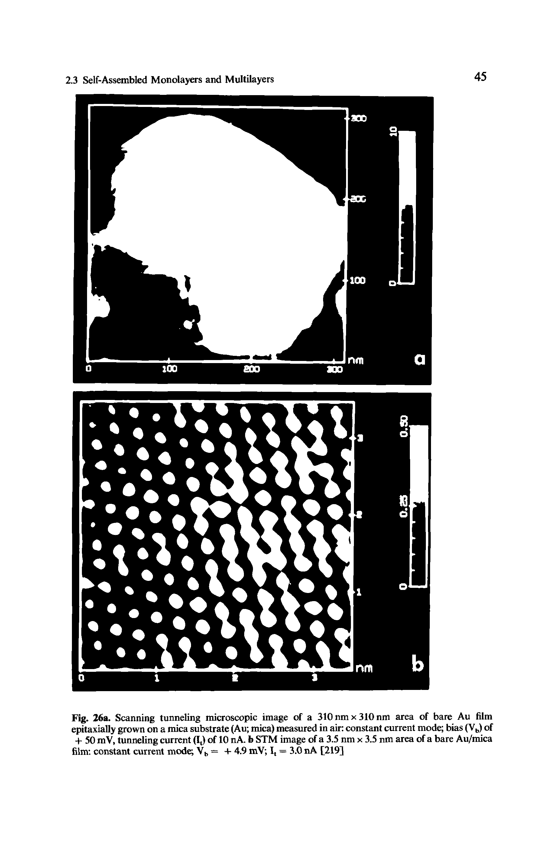 Fig. 26a. Scanning tunneling microscopic image of a 310nmx310nm area of bare Au film epitaxially grown on a mica substrate (Au mica) measured in air constant current mode bias (Vb) of + 50 mV, tunneling current (I,) of 10 nA. b STM image of a 3.5 nm x 3.5 nm area of a bare Au/mica film constant current mode Vb = 4- 4.9 mV I, = 3.0 nA [219]...