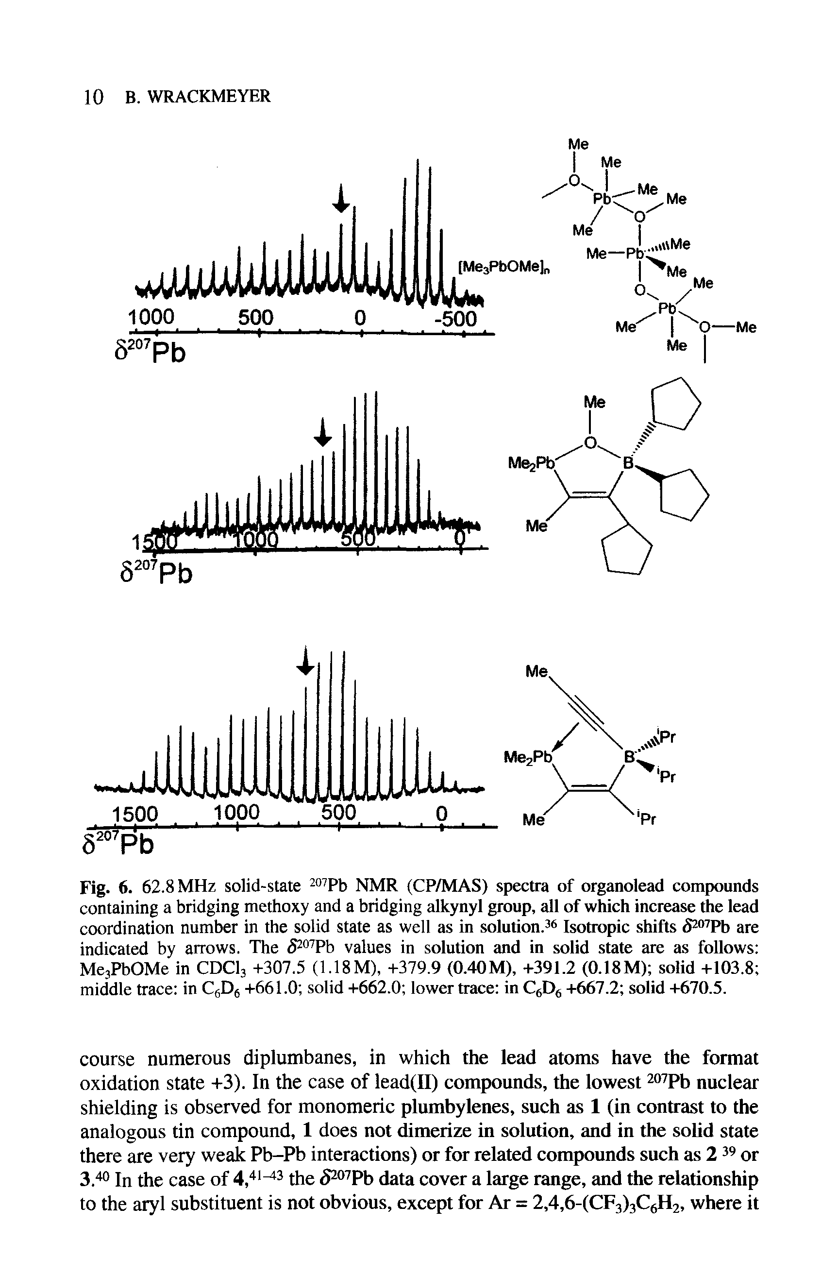 Fig. 6. 62.8 MHz solid-state 207Pb NMR (CP/MAS) spectra of organolead compounds containing a bridging methoxy and a bridging alkynyl group, all of which increase the lead coordination number in the solid state as well as in solution.36 Isotropic shifts S Pb are indicated by arrows. The <5207Pb values in solution and in solid state are as follows Me3PbOMe in CDCl3 +307.5 (1.18M), +379.9 (0.40 M), +391.2 (0.18M) solid +103.8 middle trace in CflD6 +661.0 solid +662.0 lower trace in C6D6 +667.2 solid +670.5.