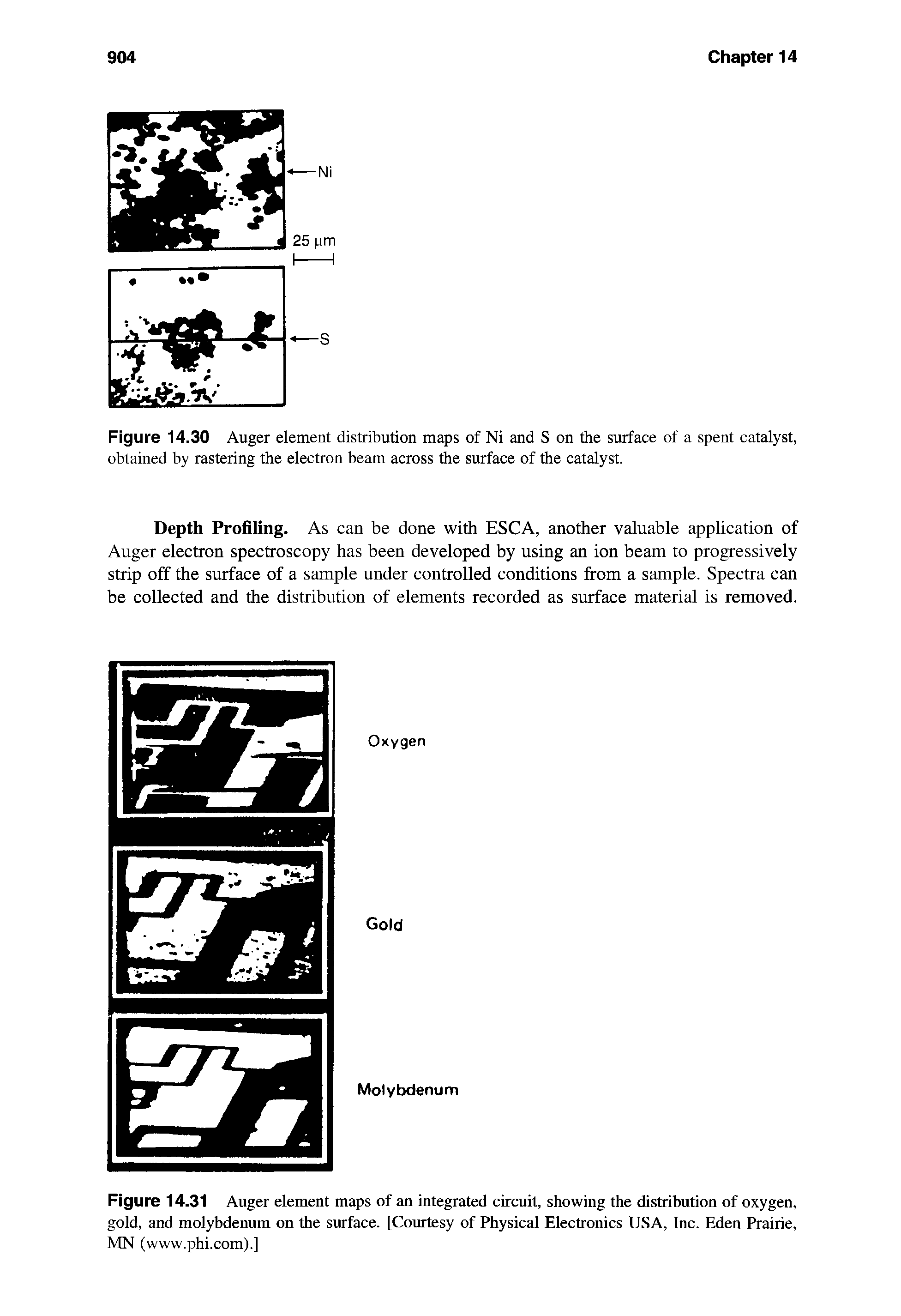 Figure 14.31 Auger element maps of an integrated circuit, showing the distribution of oxygen, gold, and molybdenum on the surface. [Courtesy of Physical Electronics USA, Inc. Eden Prairie, MN (www.phi.com).]...