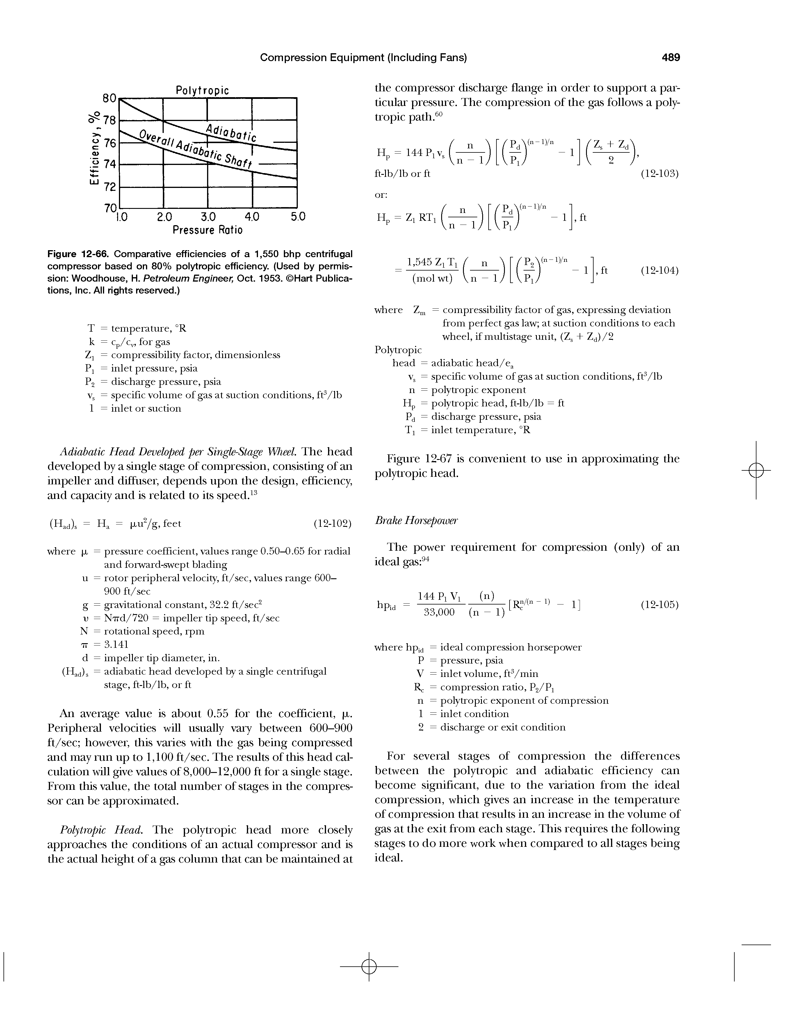Figure 12-66. Comparative efficiencies of a 1,550 bhp centrifugal compressor based on 80% polytropic efficiency. (Used by permission Woodhouse, H. Petroleum Engineer, Oct. 1953. Hart Publications, Inc. All rights reserved.)...