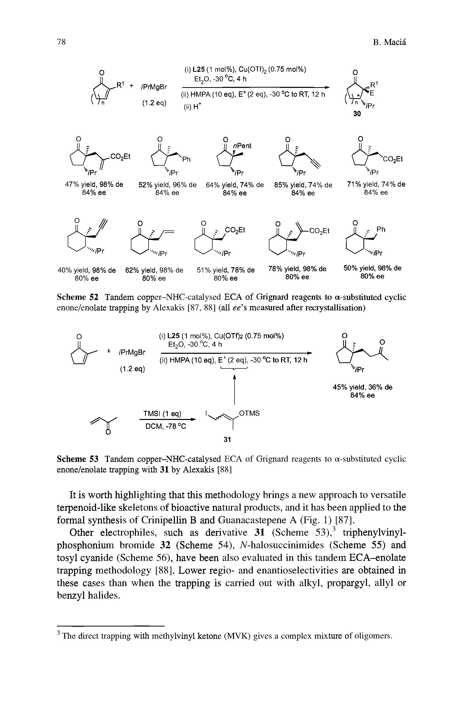 Scheme 52 Tandem copper-NHC-catalysed ECA of Grignard reagents to a-substituted cyclic enone/enolate trapping by Alexakis [87, 88] (all ee s measured after recrystallisation)...