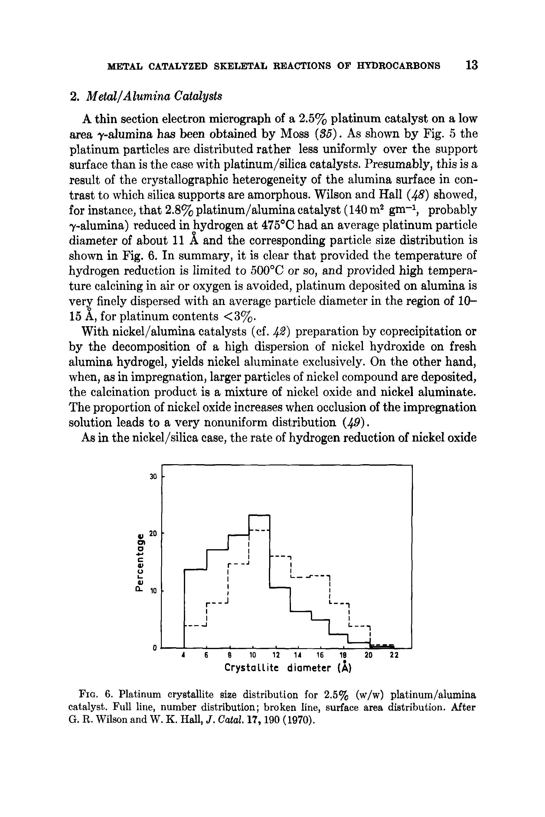 Fig. 6. Platinum crystallite size distribution for 2.5% (w/w) platinum/alumina catalyst. Full line, number distribution broken line, surface area distribution. After G. R. Wilson and W. K. Hall, J. Catal. 17, 190 (1970).