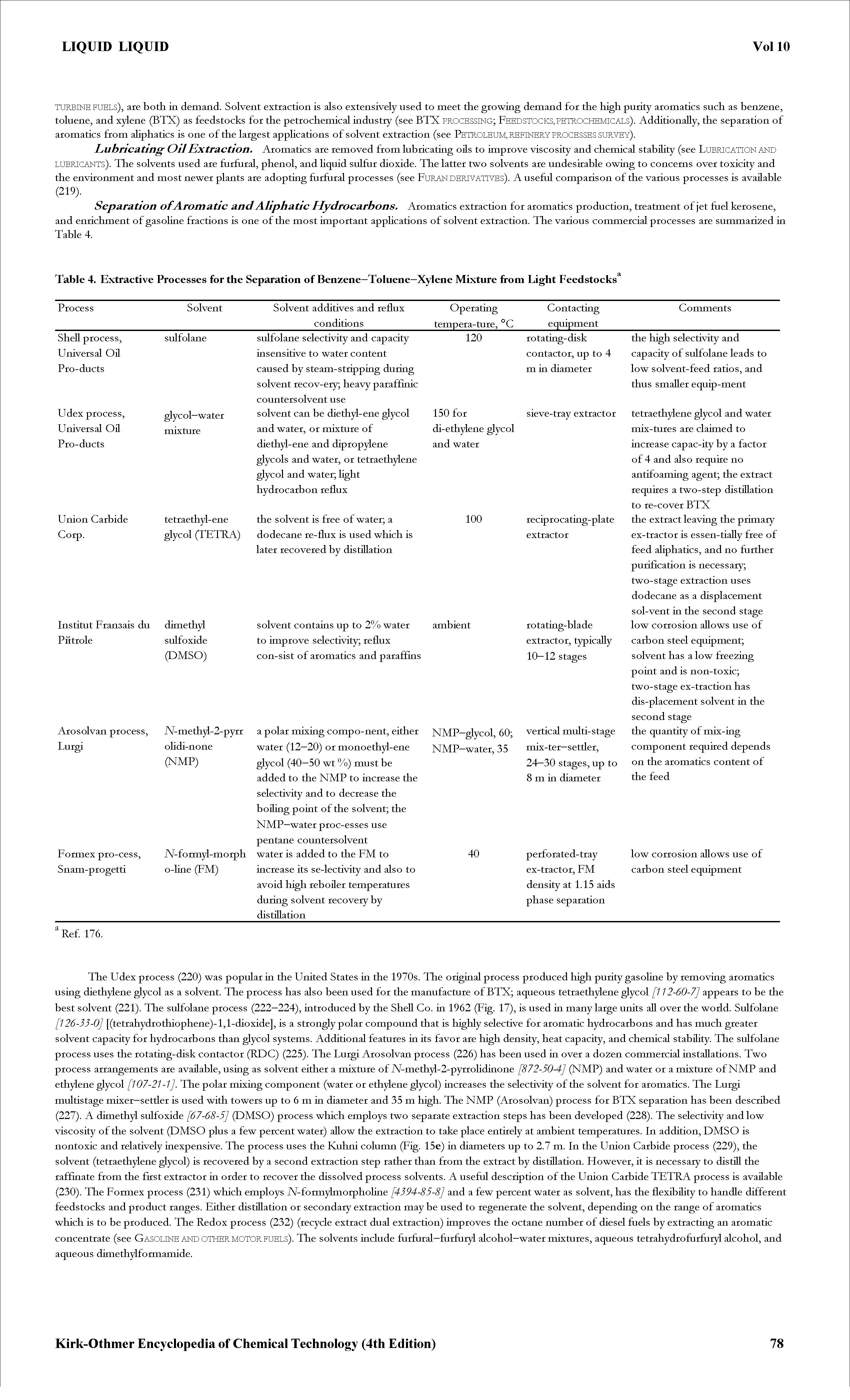 Table 4. Extractive Processes for the Separation of Benzene—Toluene—Xylene Mixture from Light Feedstocks ...