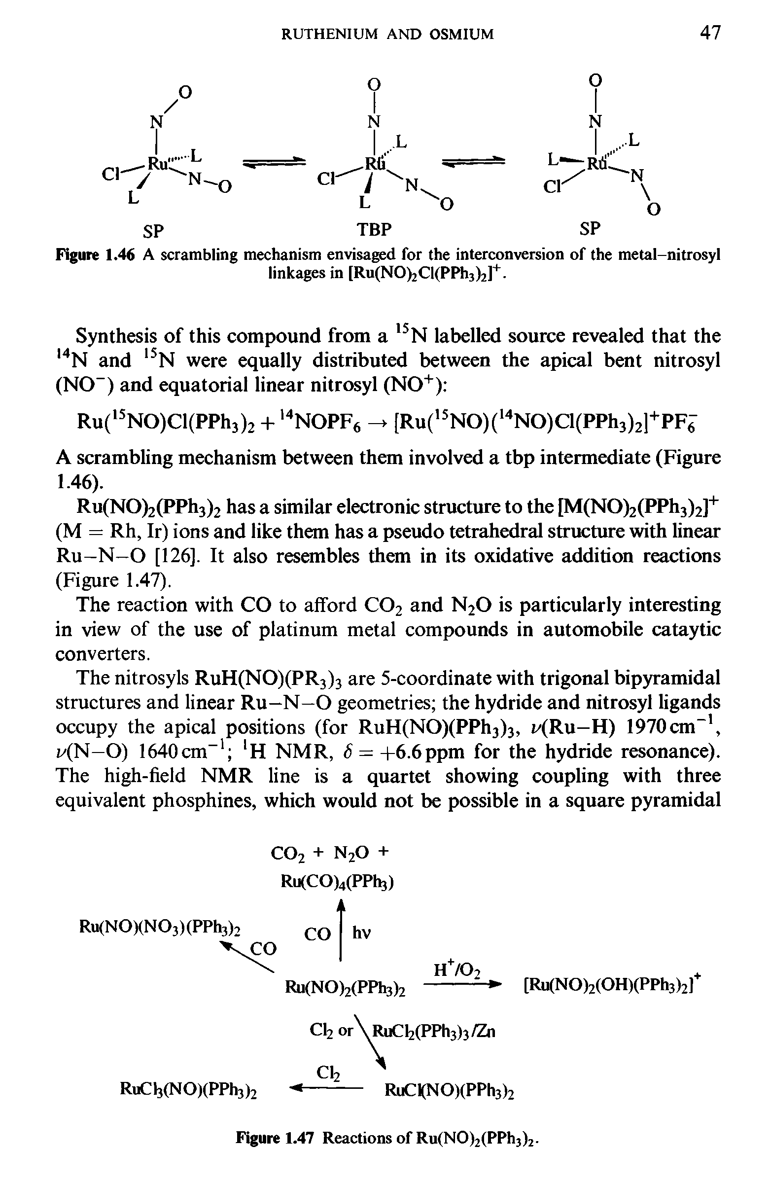 Figure 1.46 A scrambling mechanism envisaged for the interconversion of the metal-nitrosyl linkages in [Ru(NO)2Cl(PPh3)2]+.