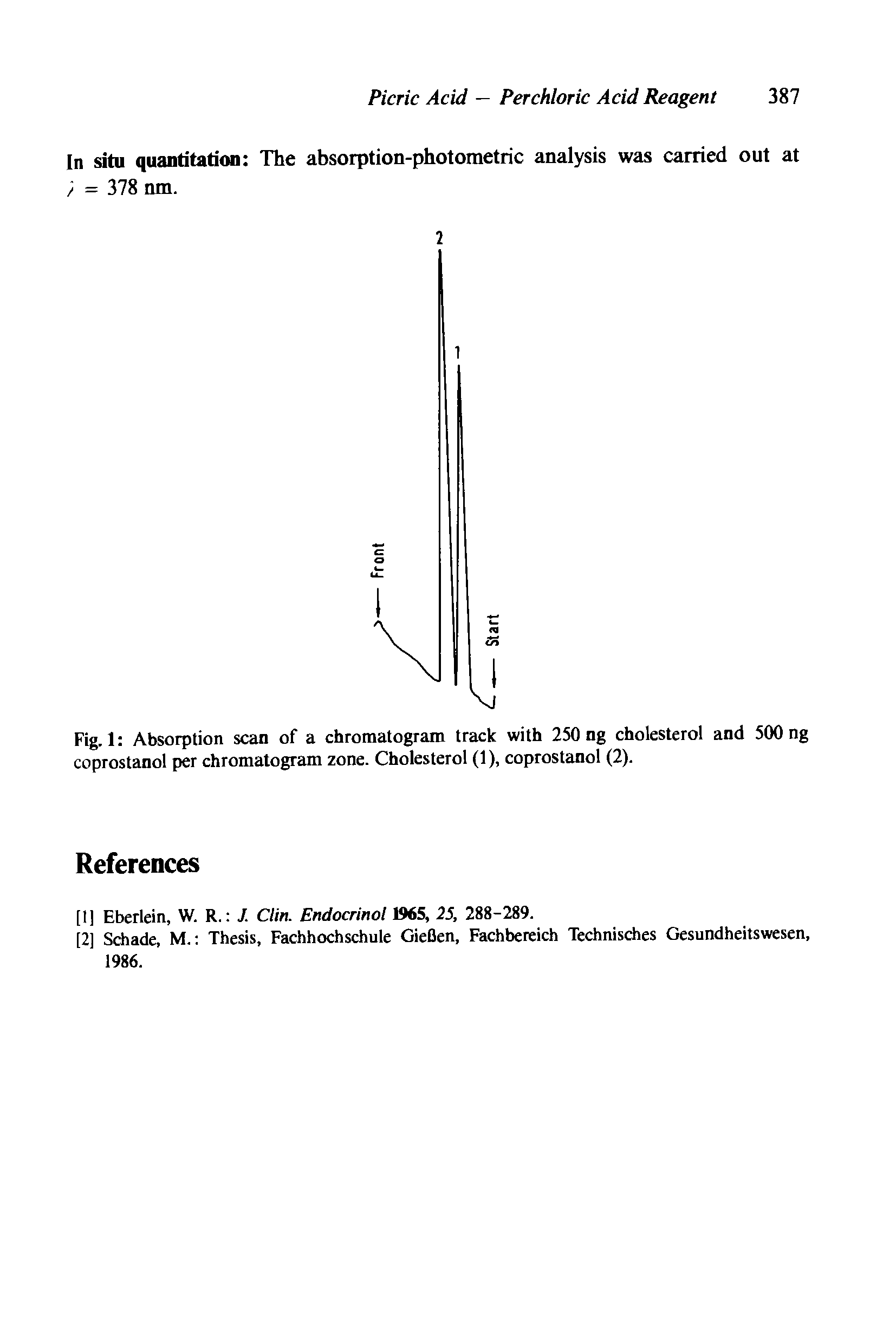 Fig. 1 Absorption scan of a chromatogram track with 250 ng cholesterol and 500 Dg coprostanol per chromatogram zone. Cholesterol (1), coprostanol (2).