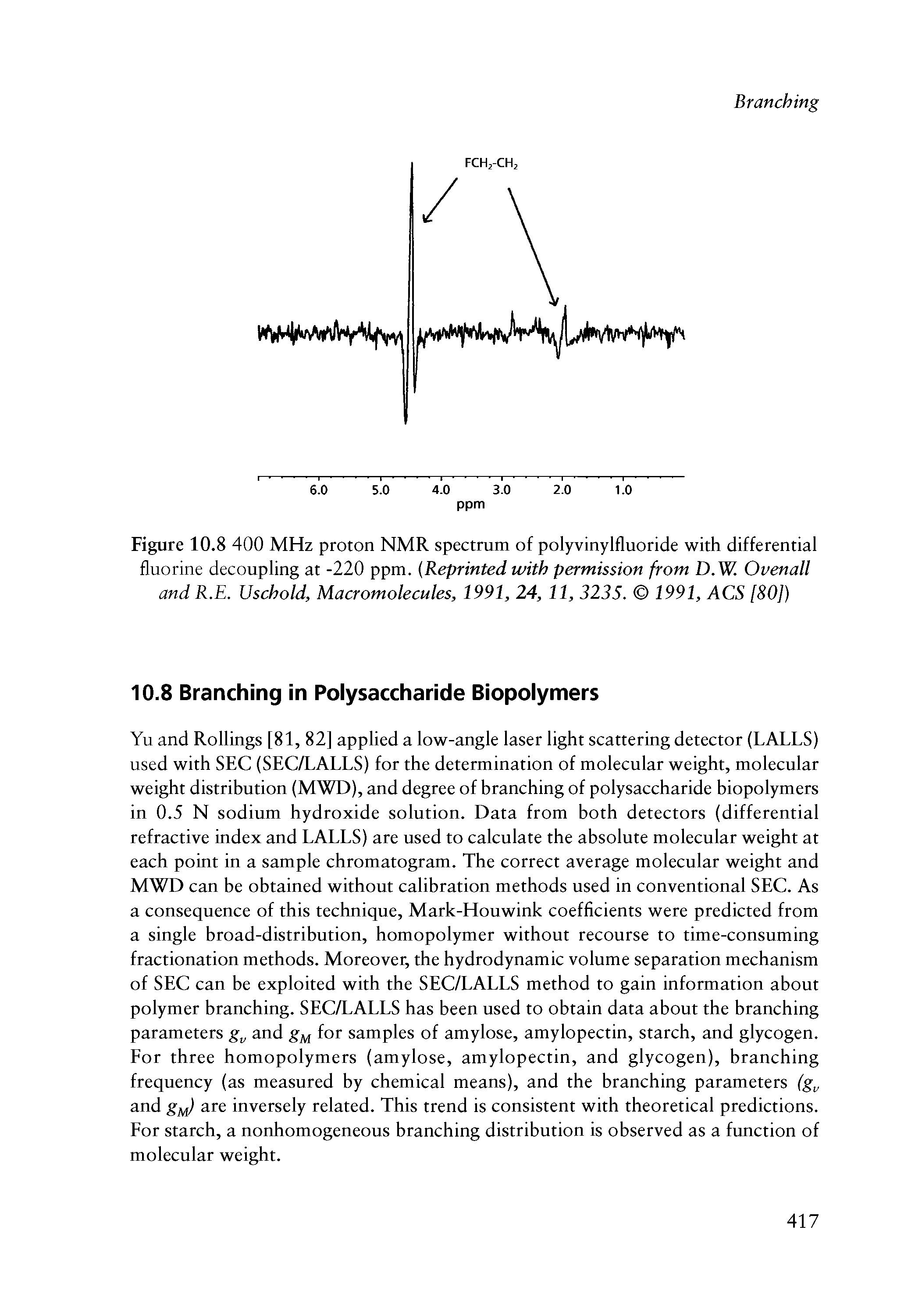 Figure 10 8 400 MHz proton NMR spectrum of polyvinylfluoride with differential fluorine decoupling at -220 ppm. (Reprinted with permission from D.W. Ovenall and R.E. Uschold, Macromolecules, 1991, 24, 11, 323S. 1991 ACS [80])...