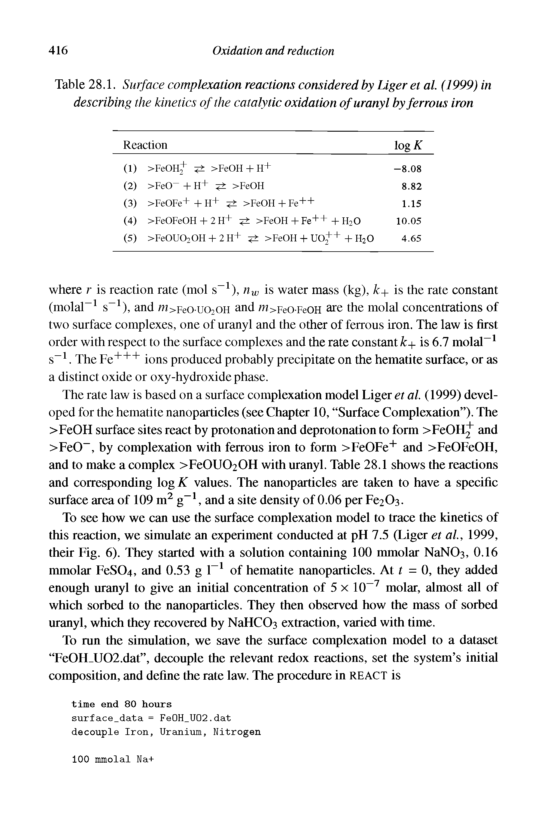 Table 28.1. Surface complexation reactions considered by Liger et al. (1999) in describing the kinetics of the catalytic oxidation ofuranyl by ferrous iron...
