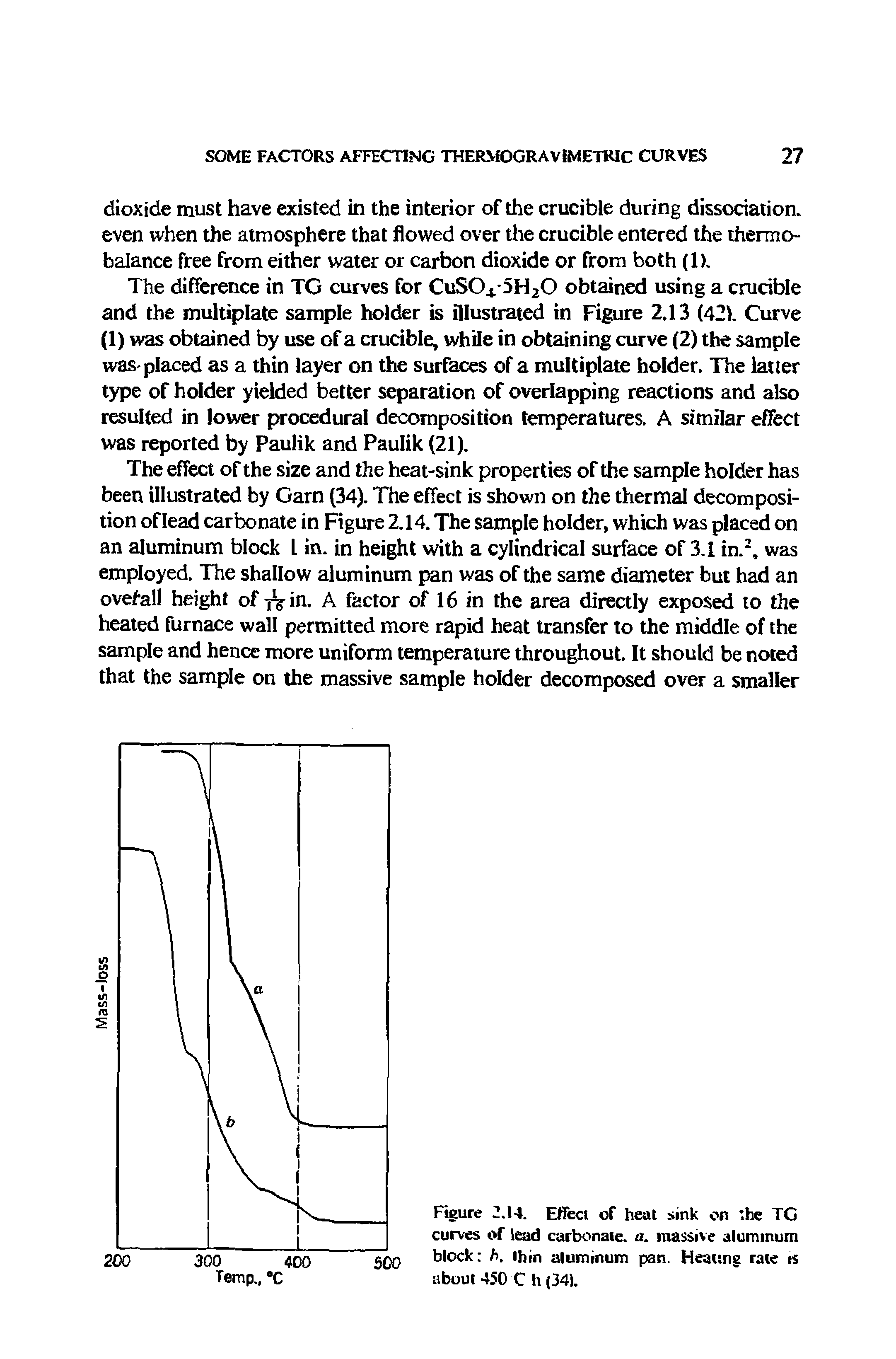 Figure 2.14. Effect of heat sink on he TG curves of lead carbonate, a. massive aluminum block h. ihrn aluminum pan. Heating race is about 450 C h (34).