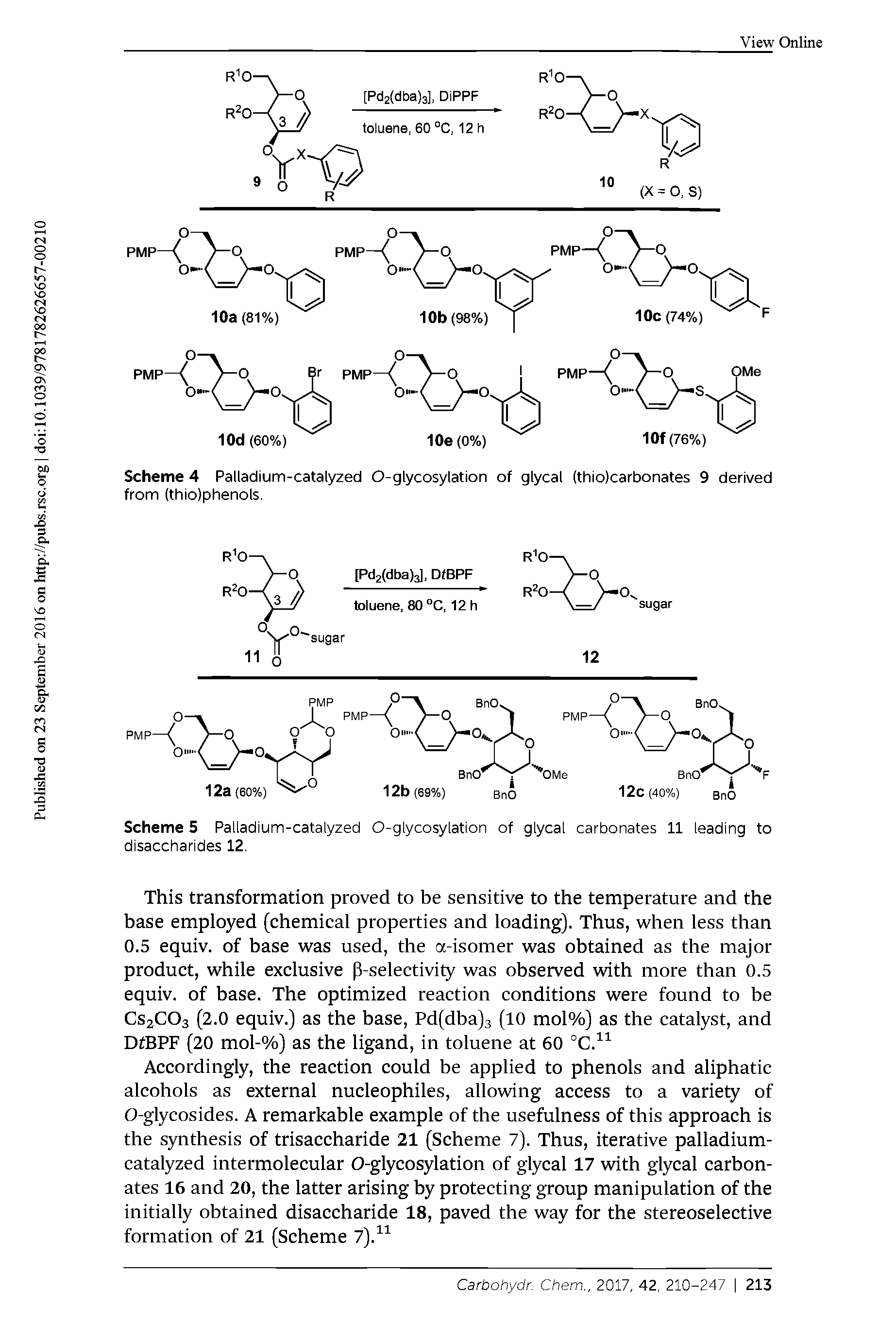 Scheme 5 Palladium-catalyzed O-glycosylation of glycal carbonates 11 leading to disaccharides 12.