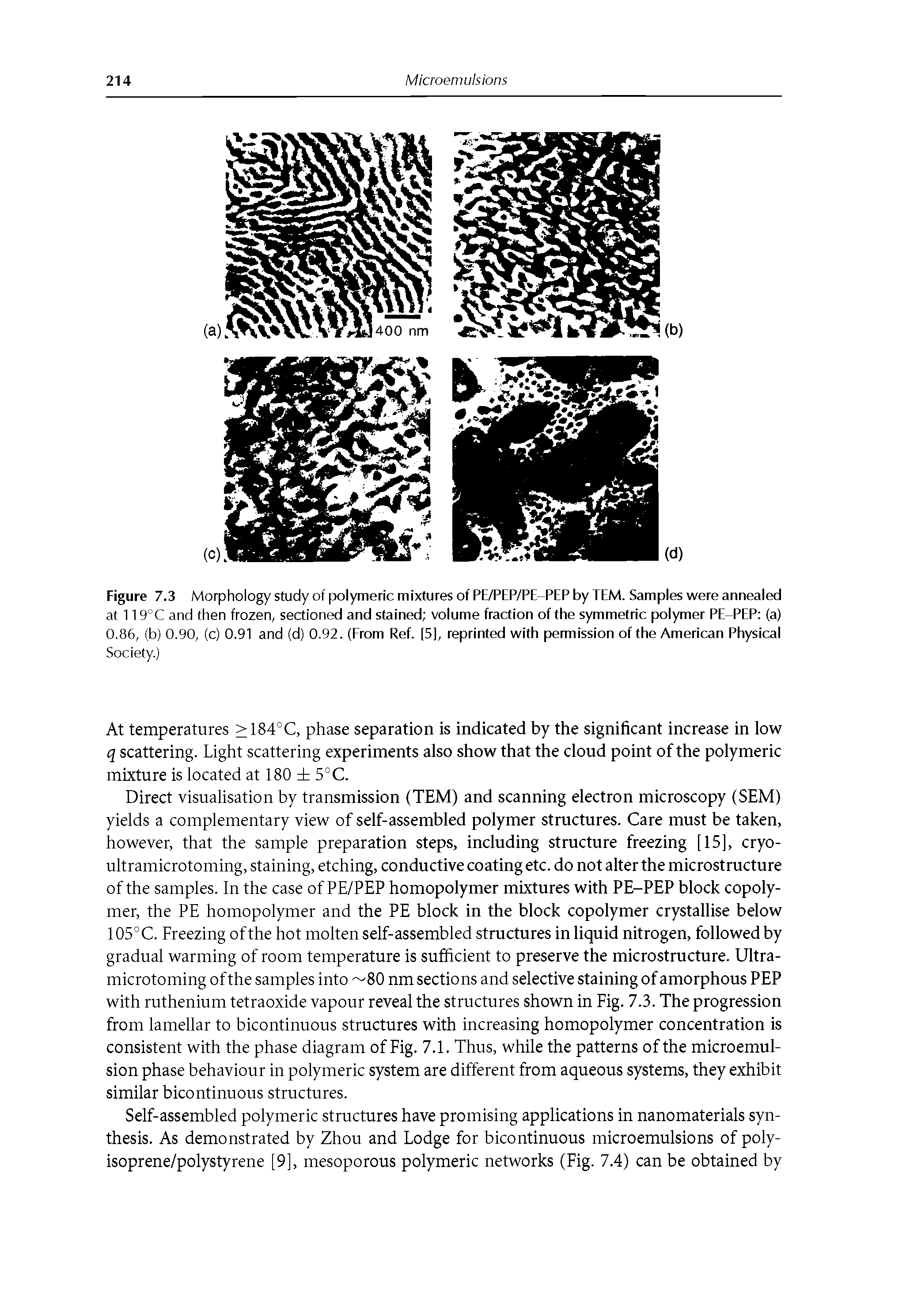Figure 7.3 Morphology study of polymeric mixtures of PE/PEP/PE-PEP by TEM. Samples were annealed at 119°C and then frozen, sectioned and stained volume fraction of the symmetric polymer PE-PEP (a) 0.86, (b) 0.90, (c) 0.91 and (d) 0.92. (From Ref. [5], reprinted with permission of the American Physical...