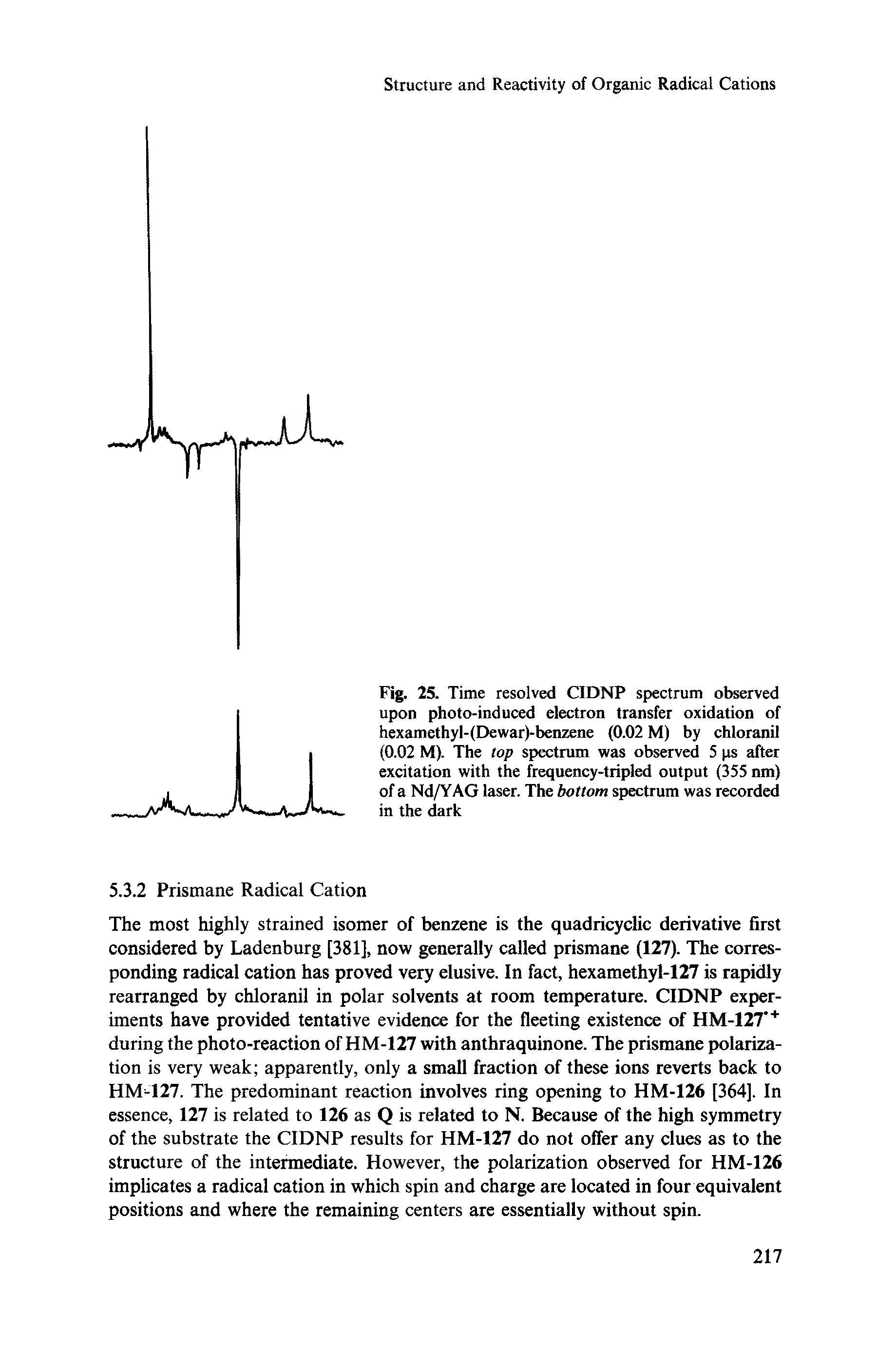 Fig. 25. Time resolved CIDNP spectrum observed upon photo-induced electron transfer oxidation of hexamethyl-(Dewar)-benzene (0.02 M) by chloranil (0.02 M). The top spectrum was observed 5 ps after excitation with the frequency-tripled output (355 nm) of a Nd/YAG laser. The bottom spectrum was recorded in the dark...