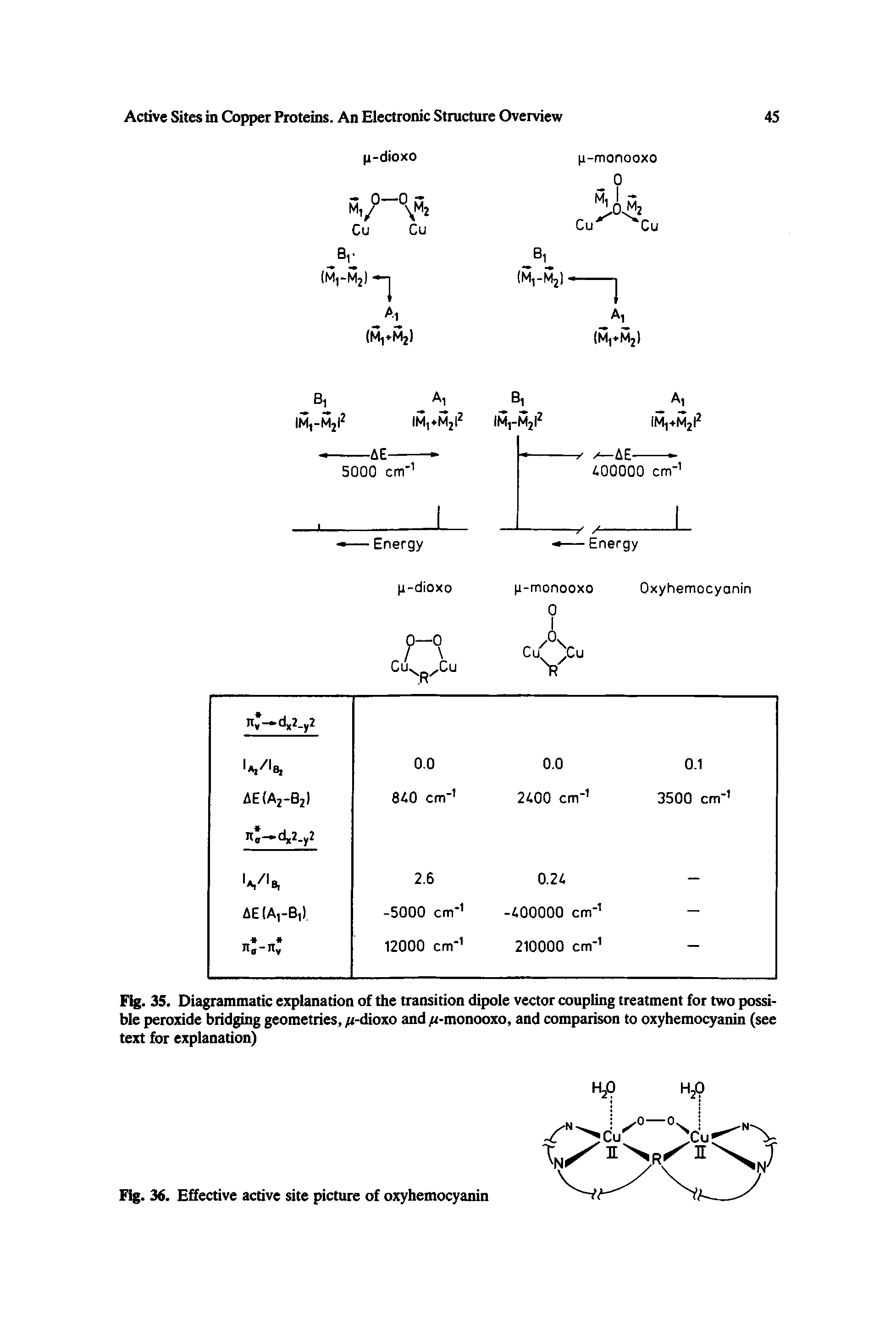 Fig. 35. Diagrammatic explanation of the transition dipole vector coupling treatment for two possible peroxide bridging geometries, /<-dioxo and ft-monooxo, and comparison to oxyhemocyanin (see text for explanation)...