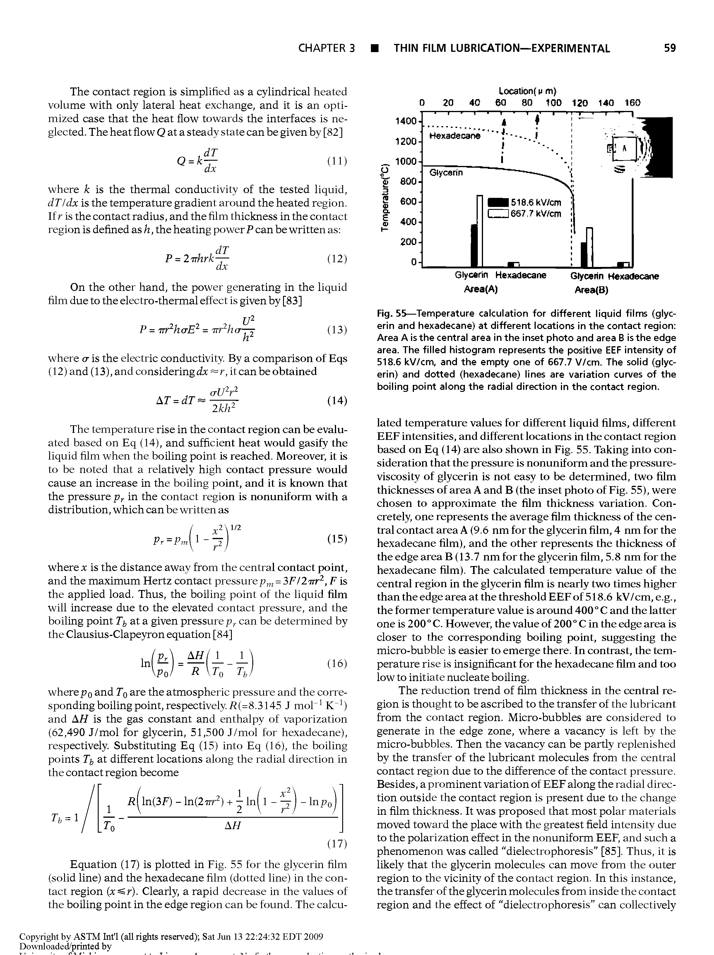 Fig. 55—Temperature calculation for different liquid films (glycerin and hexadecane) at different locations in the contact region Area A is the central area in the inset photo and area B is the edge area. The filled histogram represents the positive EEF intensity of 518.6 kV/cm, and the empty one of 667.7 V/cm. The solid (glycerin) and dotted (hexadecane) lines are variation curves of the boiling point along the radial direction in the contact region.