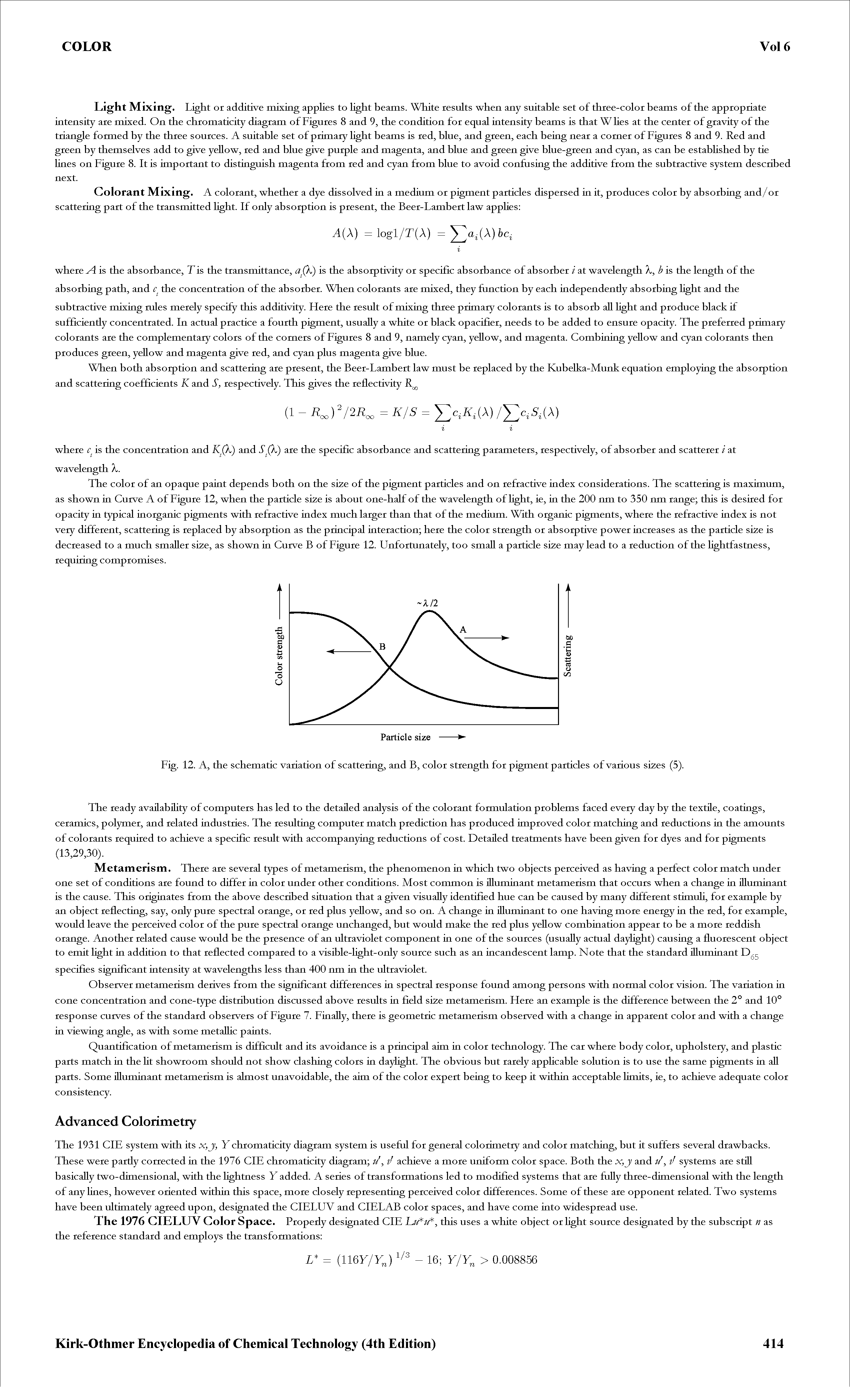 Fig. 12. A, the schematic variation of scattering, and B, color strength for pigment particles of various sizes (5).