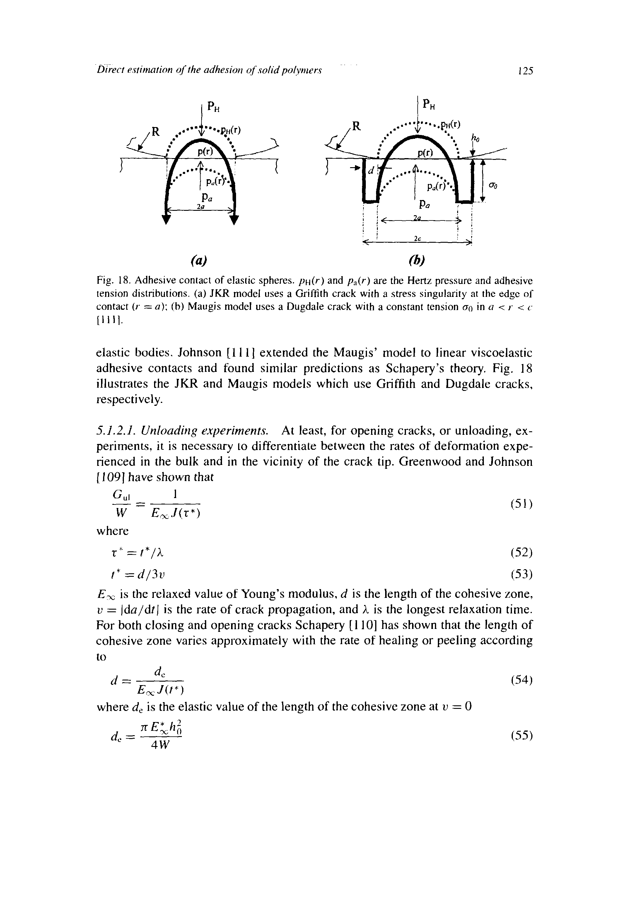 Fig. 18. Adhesive contact of elastic spheres. pH(r) and pa(r) are the Hertz pressure and adhesive tension distributions, (a) JKR model uses a Griffith crack with a stress singularity at the edge of contact (r = a) (b) Maugis model uses a Dugdale crack with a constant tension aa in a < r < c [1111.