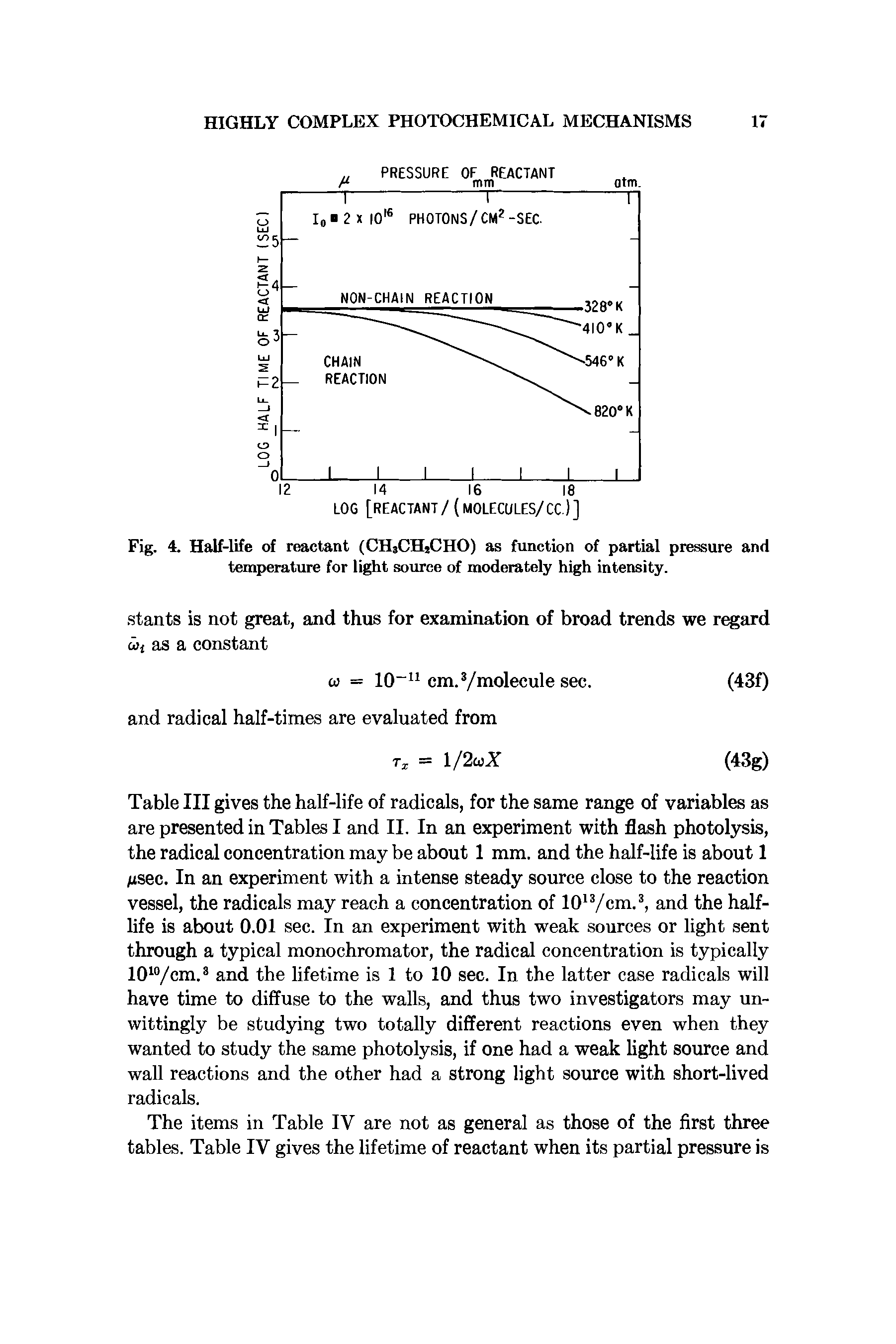Table III gives the half-life of radicals, for the same range of variables as are presented in Tables I and II. In an experiment with flash photolysis, the radical concentration may be about 1 mm. and the half-life is about 1 iMsec. In an experiment with a intense steady source close to the reaction vessel, the radicals may reach a concentration of lO Ycm. and the half-life is about 0.01 sec. In an experiment with weak sources or light sent through a typical monochromator, the radical concentration is typically 10 /cm. and the lifetime is 1 to 10 sec. In the latter case radicals will have time to diffuse to the walls, and thus two investigators may unwittingly be studying two totally different reactions even when they wanted to study the same photolysis, if one had a weak light source and wall reactions and the other had a strong light source with short-lived radicals.