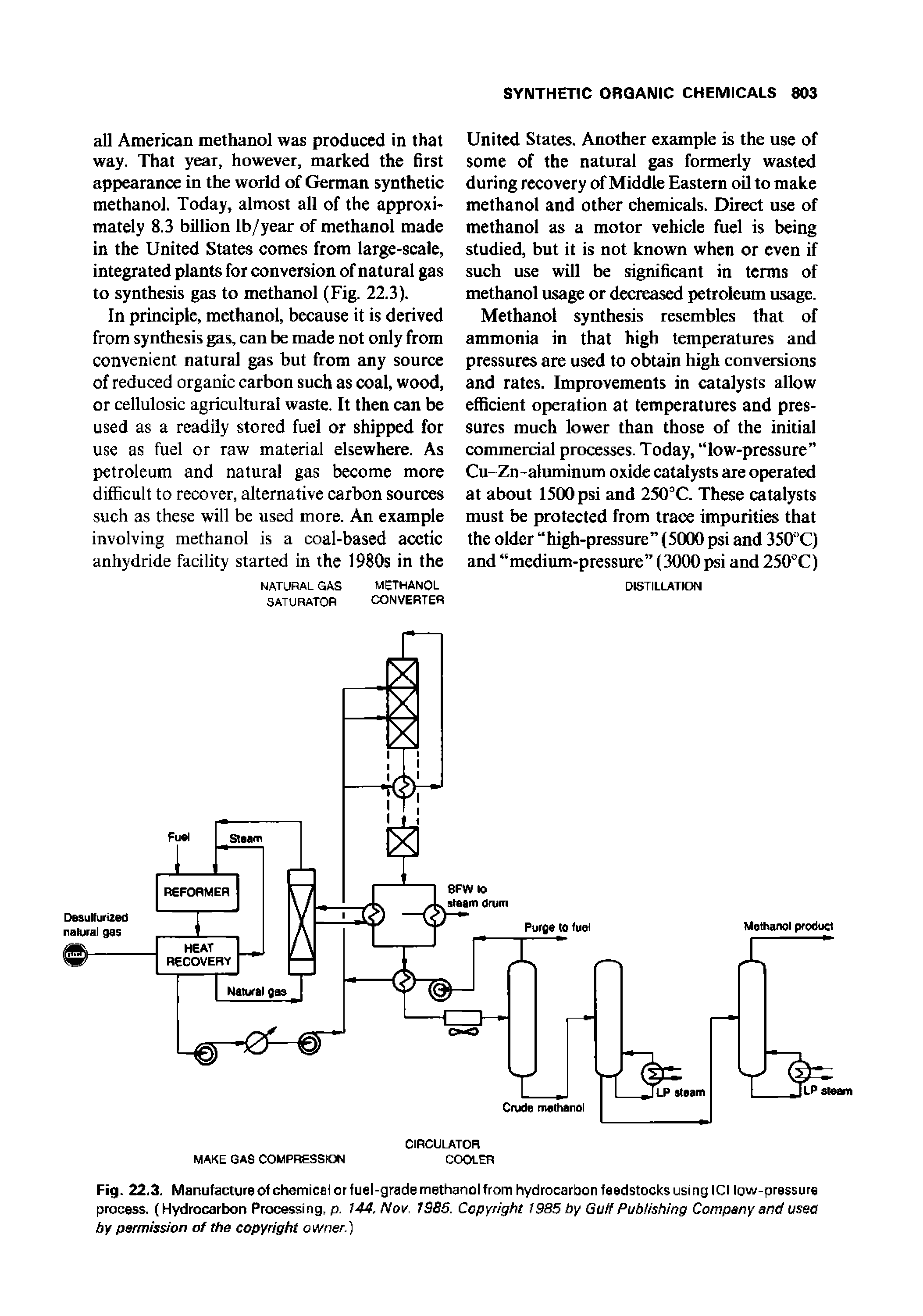 Fig. 22.3. Manufacture Of chemical or fuel-grade methanol from hydrocarbon feedstocks using ICI low-pressure process. (Hydrocarbon Processing, p. 144, Nov. 1986. Copyright 1985 by Guff Publishing Company and ussa by parmission of the copyright owner.)...