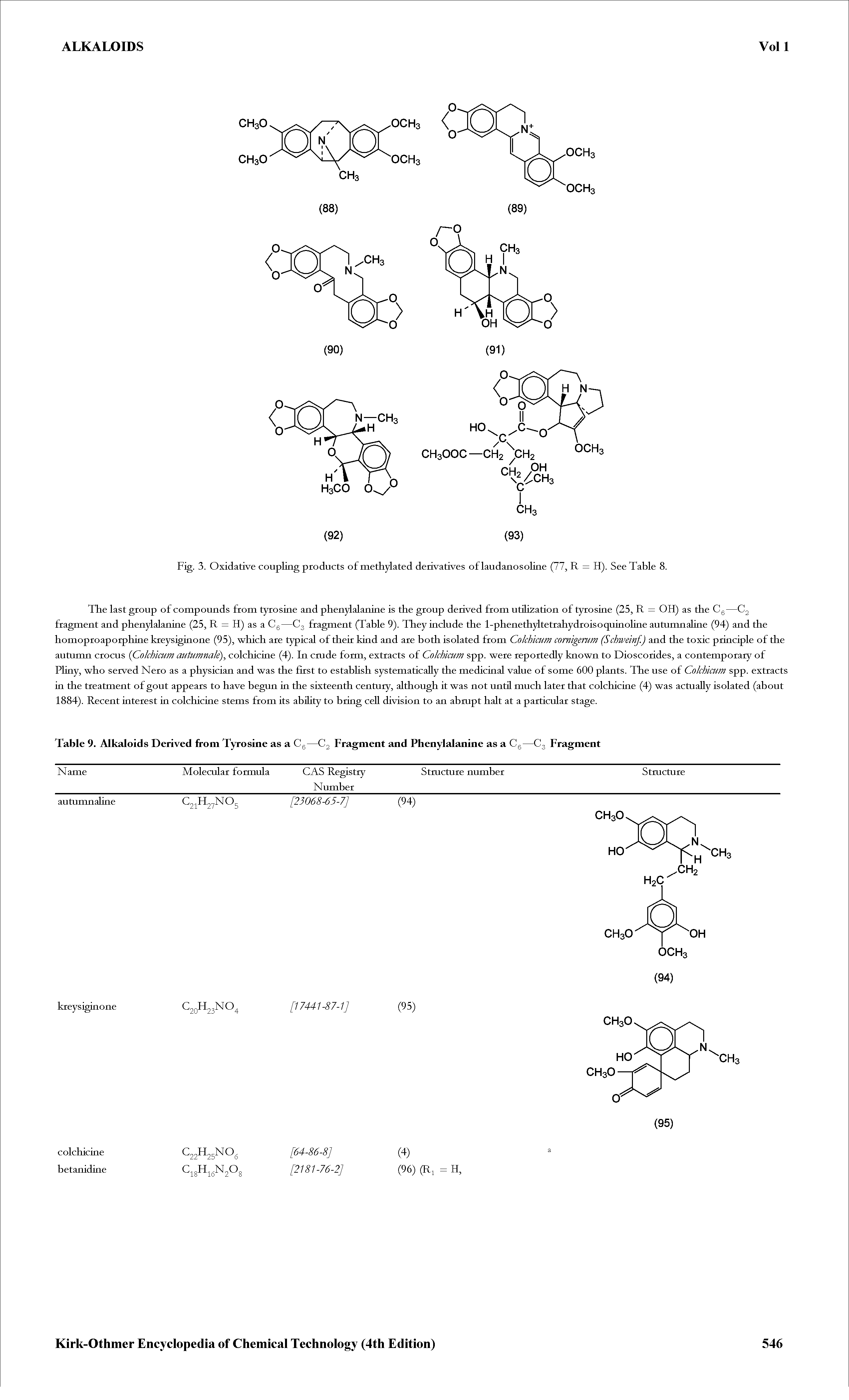 Table 9. Alkaloids Derived from Tyrosine as a Ce-C, Fragment and Phenylalanine as a Ce-C3 Fragment...