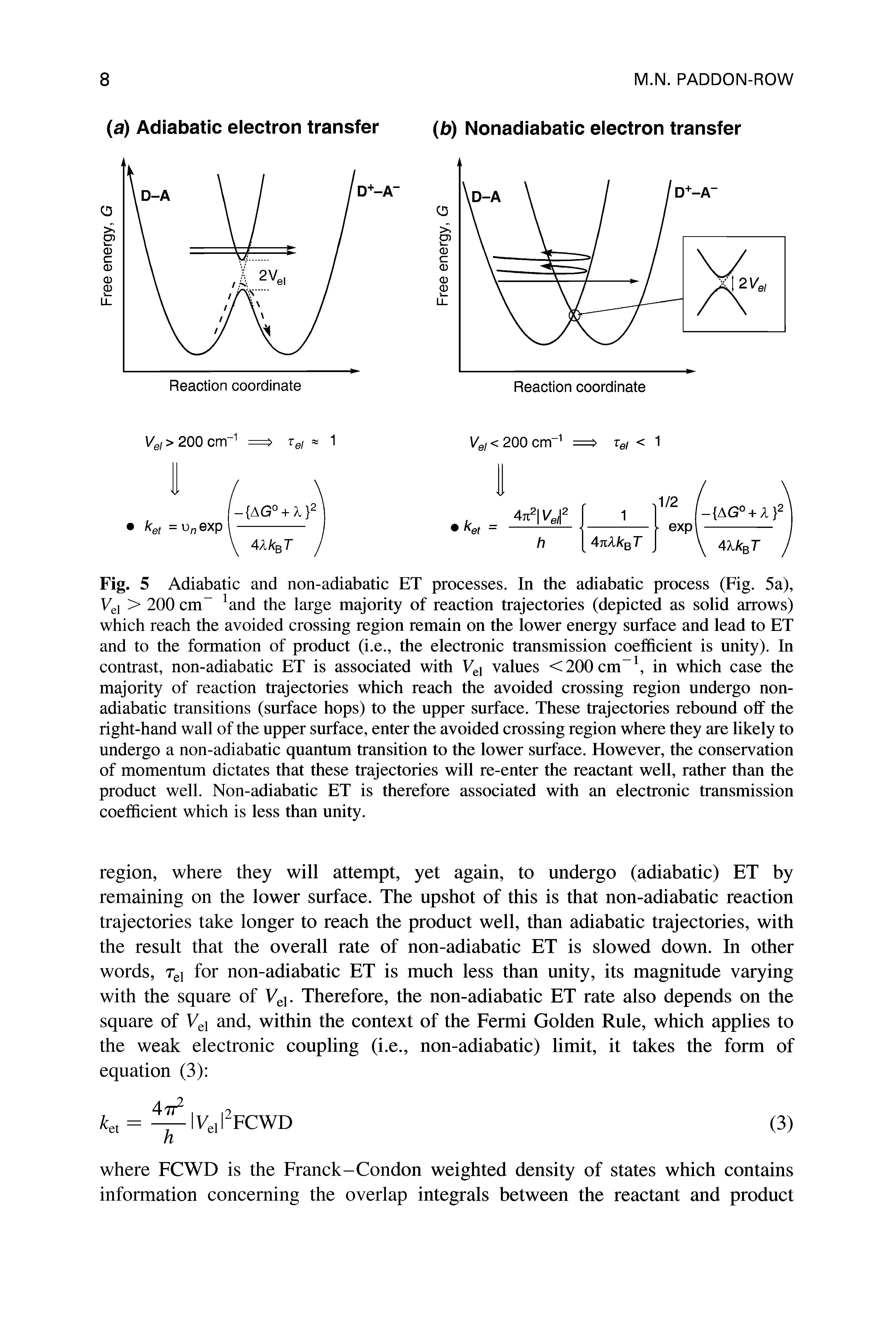 Fig. 5 Adiabatic and non-adiabatic ET processes. In the adiabatic process (Fig. 5a), Vel > 200 cm and the large majority of reaction trajectories (depicted as solid arrows) which reach the avoided crossing region remain on the lower energy surface and lead to ET and to the formation of product (i.e., the electronic transmission coefficient is unity). In contrast, non-adiabatic ET is associated with Vel values <200 cm-1, in which case the majority of reaction trajectories which reach the avoided crossing region undergo non-adiabatic transitions (surface hops) to the upper surface. These trajectories rebound off the right-hand wall of the upper surface, enter the avoided crossing region where they are likely to undergo a non-adiabatic quantum transition to the lower surface. However, the conservation of momentum dictates that these trajectories will re-enter the reactant well, rather than the product well. Non-adiabatic ET is therefore associated with an electronic transmission coefficient which is less than unity.