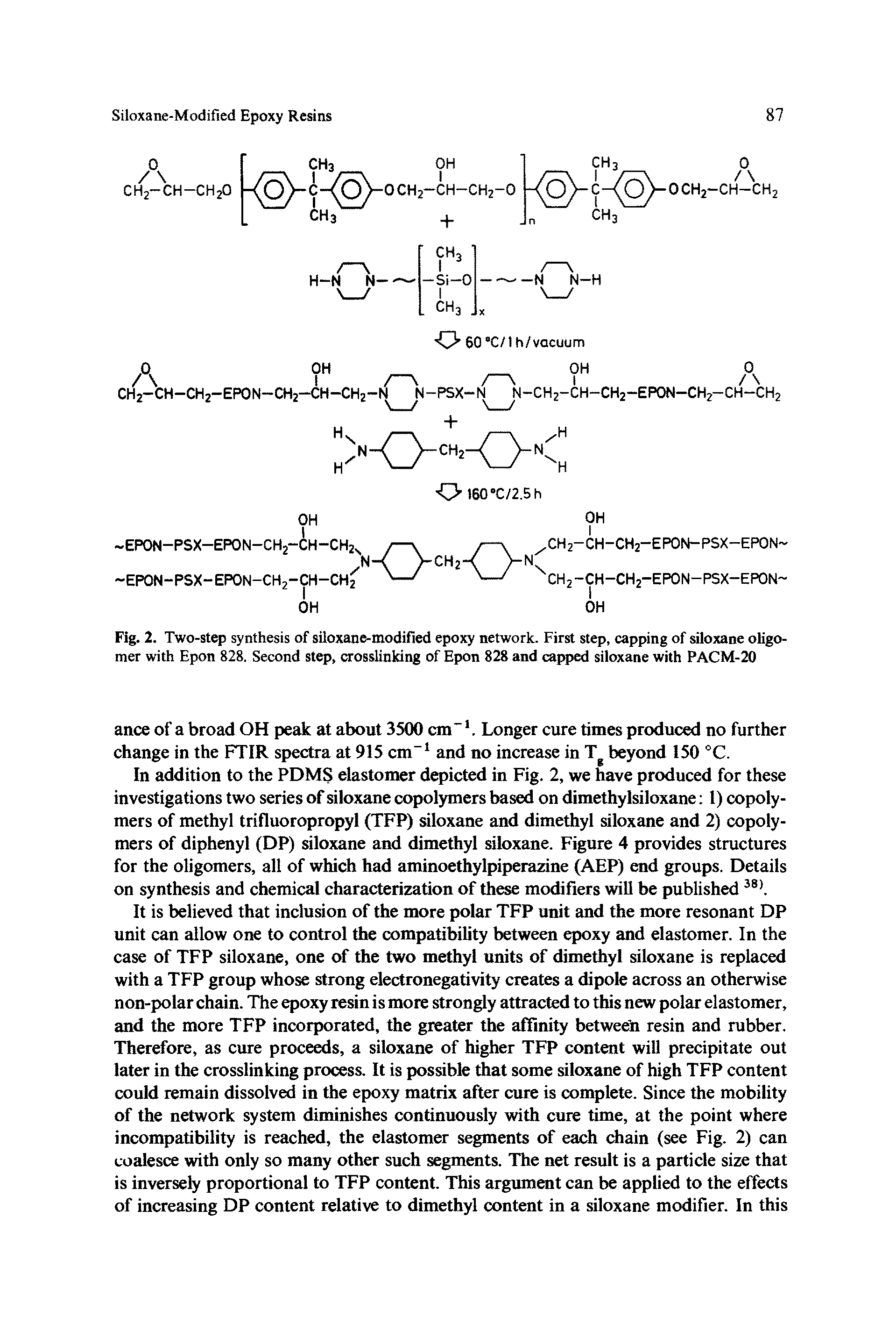 Fig. 2. Two-step synthesis of siloxane-modified epoxy network. First step, capping of siloxane oligomer with Epon 828. Second step, crosslinking of Epon 828 and capped siloxane with PACM-20...