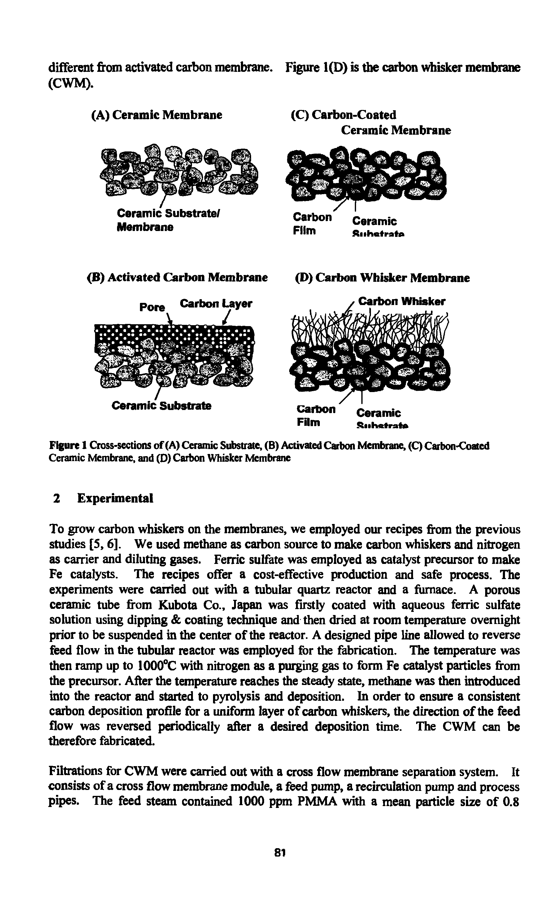 Figure 1 Cross-sections of (A) Ceramic Substrate, (B) Activated Carbon Membrane, (C) Carbon-Coated Ceramic Membrane, and (0) Carbon Whisker Membrane...