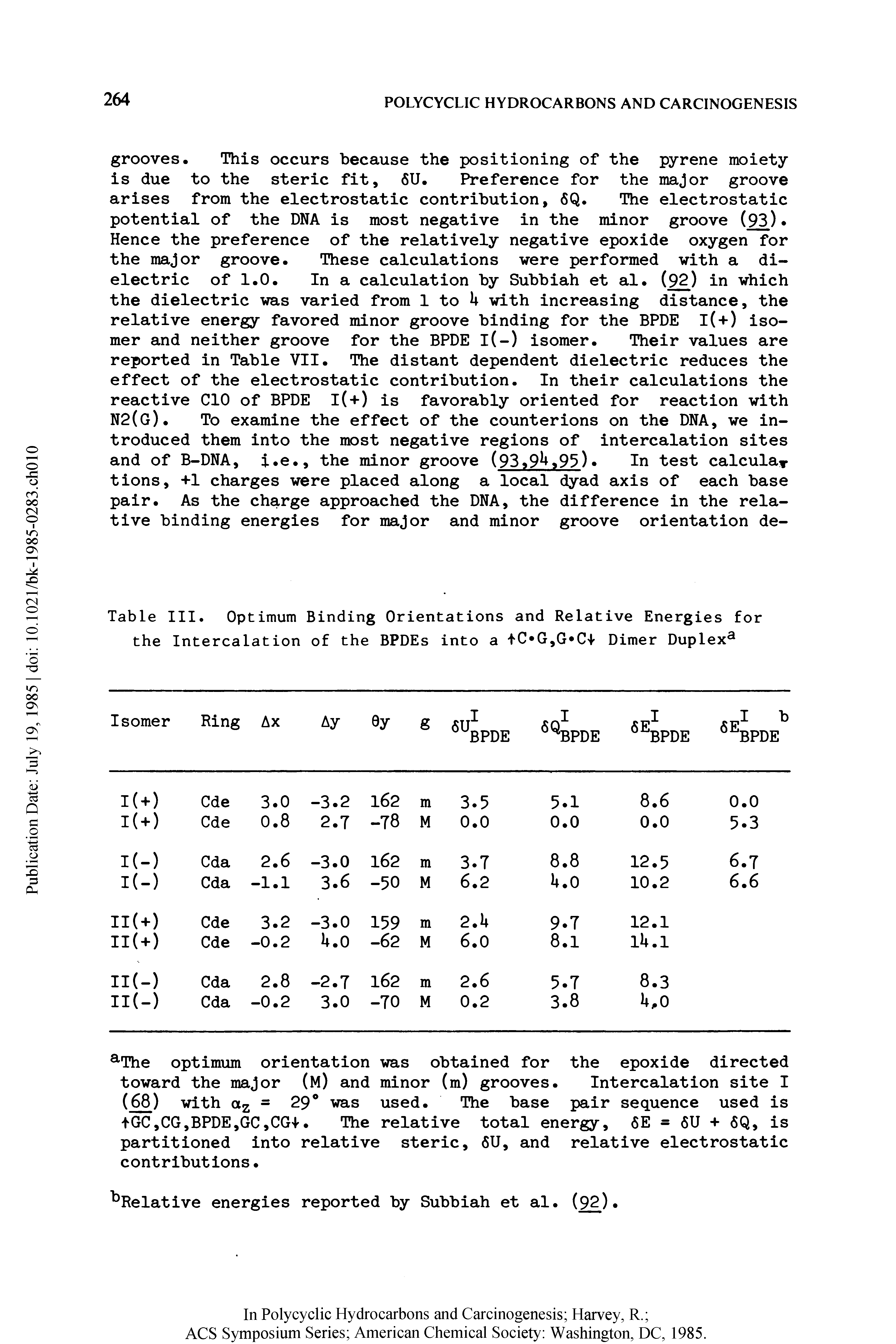Table III. Optimum Binding Orientations and Relative Energies for the Intercalation of the BPDEs into a tC G,G C+ Dimer Duplex3...