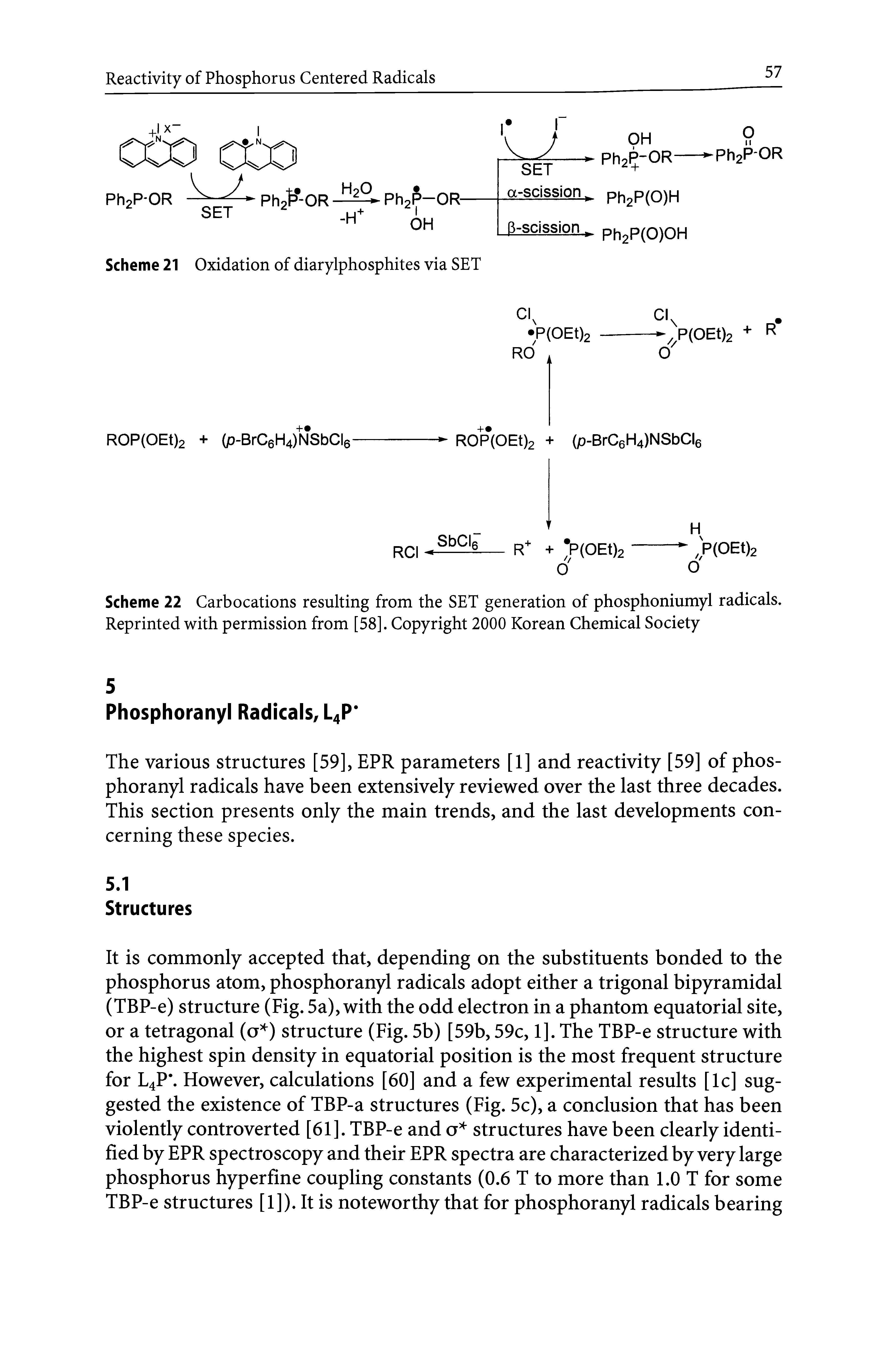 Scheme 22 Carbocations resulting from the SET generation of phosphoniumyl radicals. Reprinted with permission from [58]. Copyright 2000 Korean Chemical Society...
